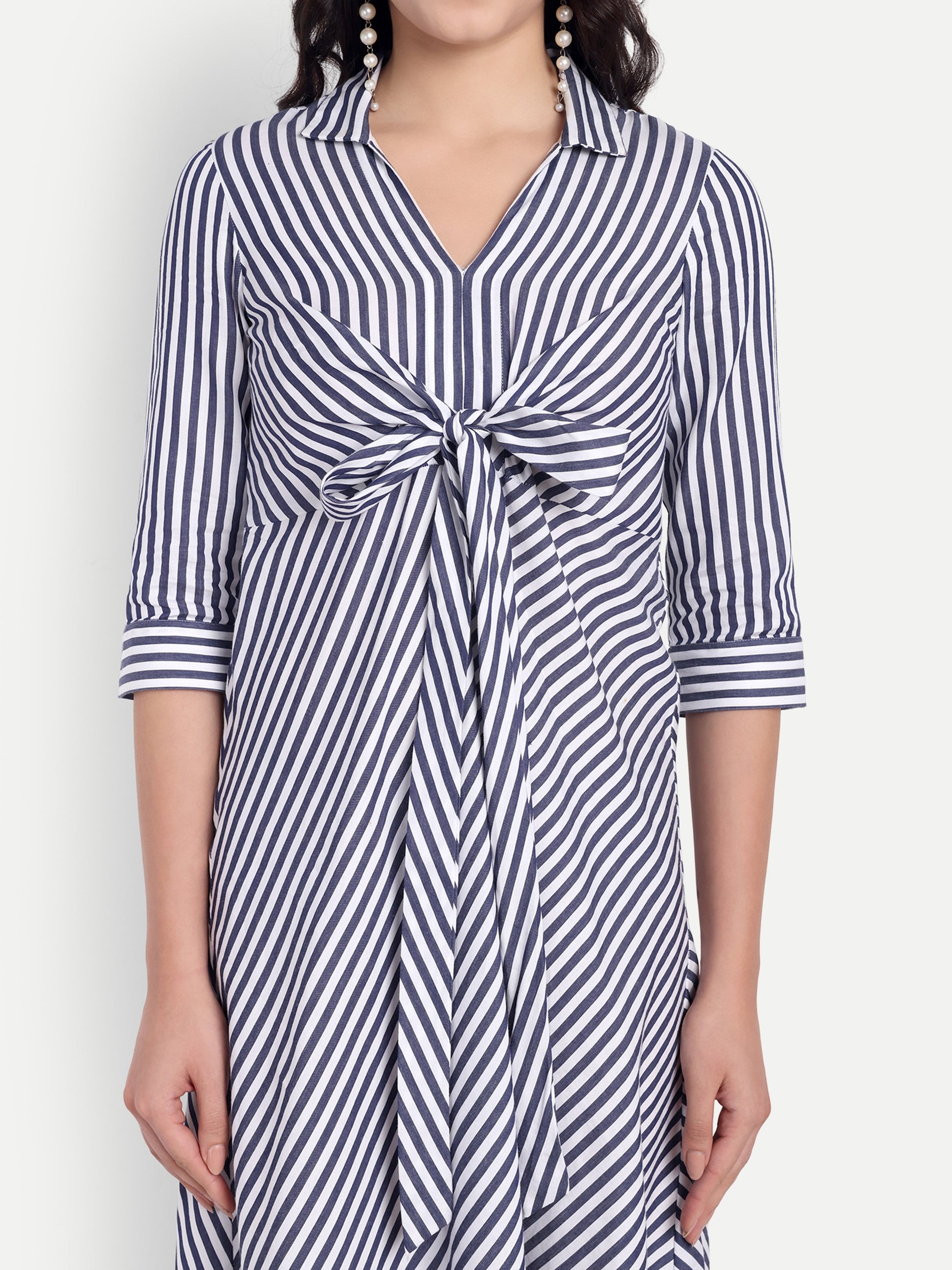 Women's Black and White Striped Knee-Length Dress | Front Knot Detail | Casual & Party Wear