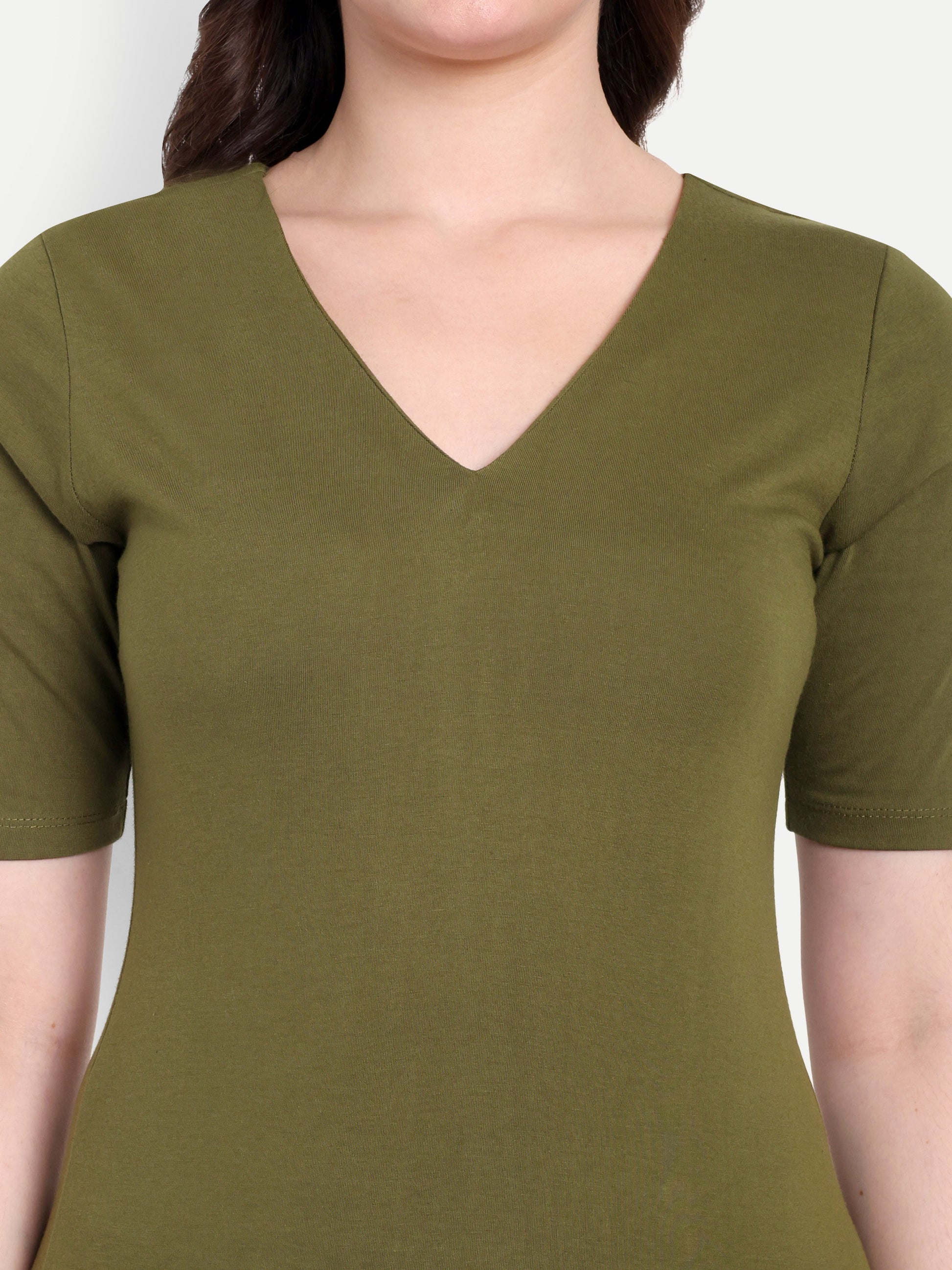 Women's Olive Green Bodycon Midi Dress | V-Neck | Half Sleeve | Casual & Office Wear