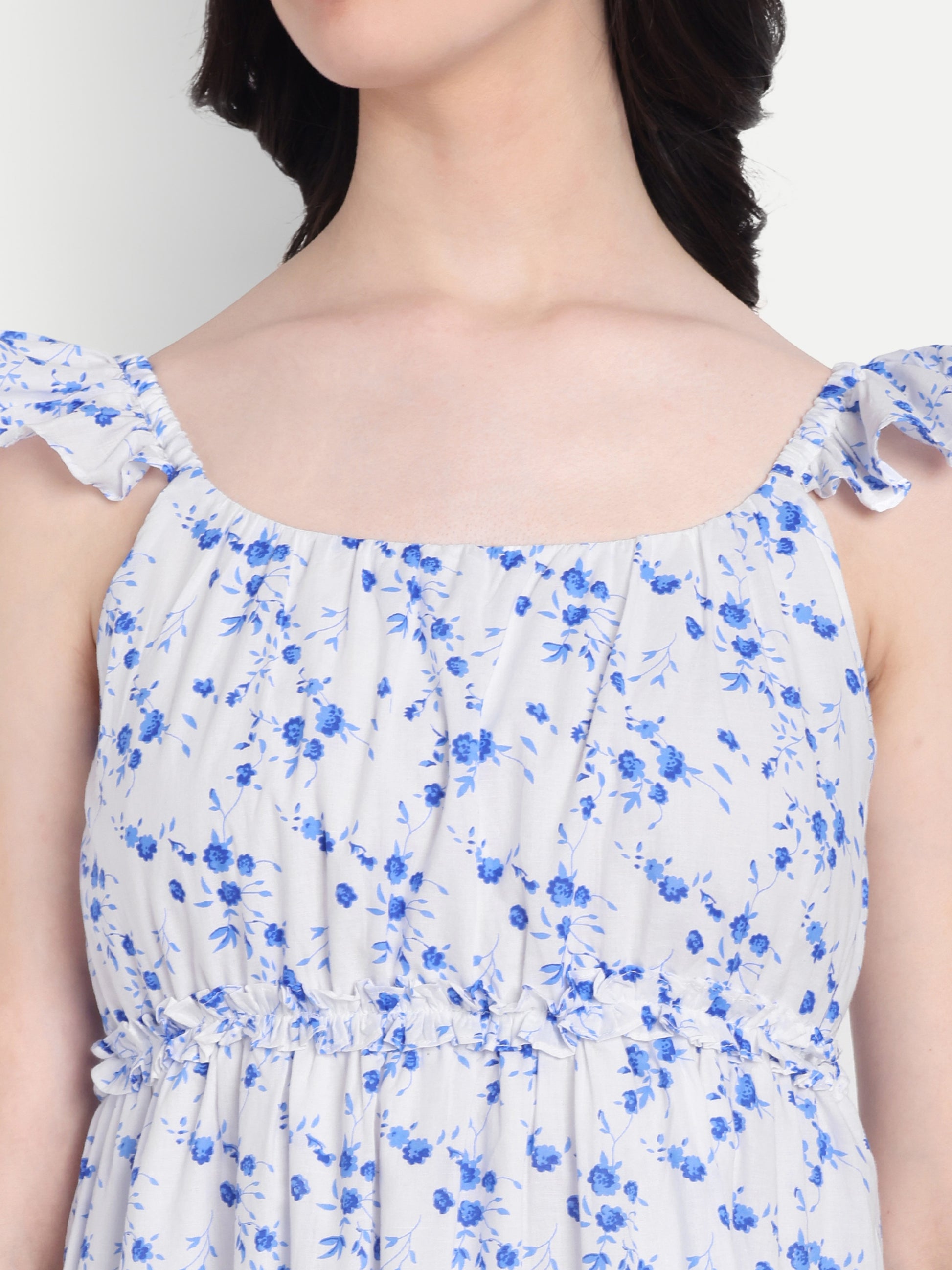 Women's Blue Floral Midi Dress | Sleeveless Ruffle Straps | Elegant Casual & Summer Wear
