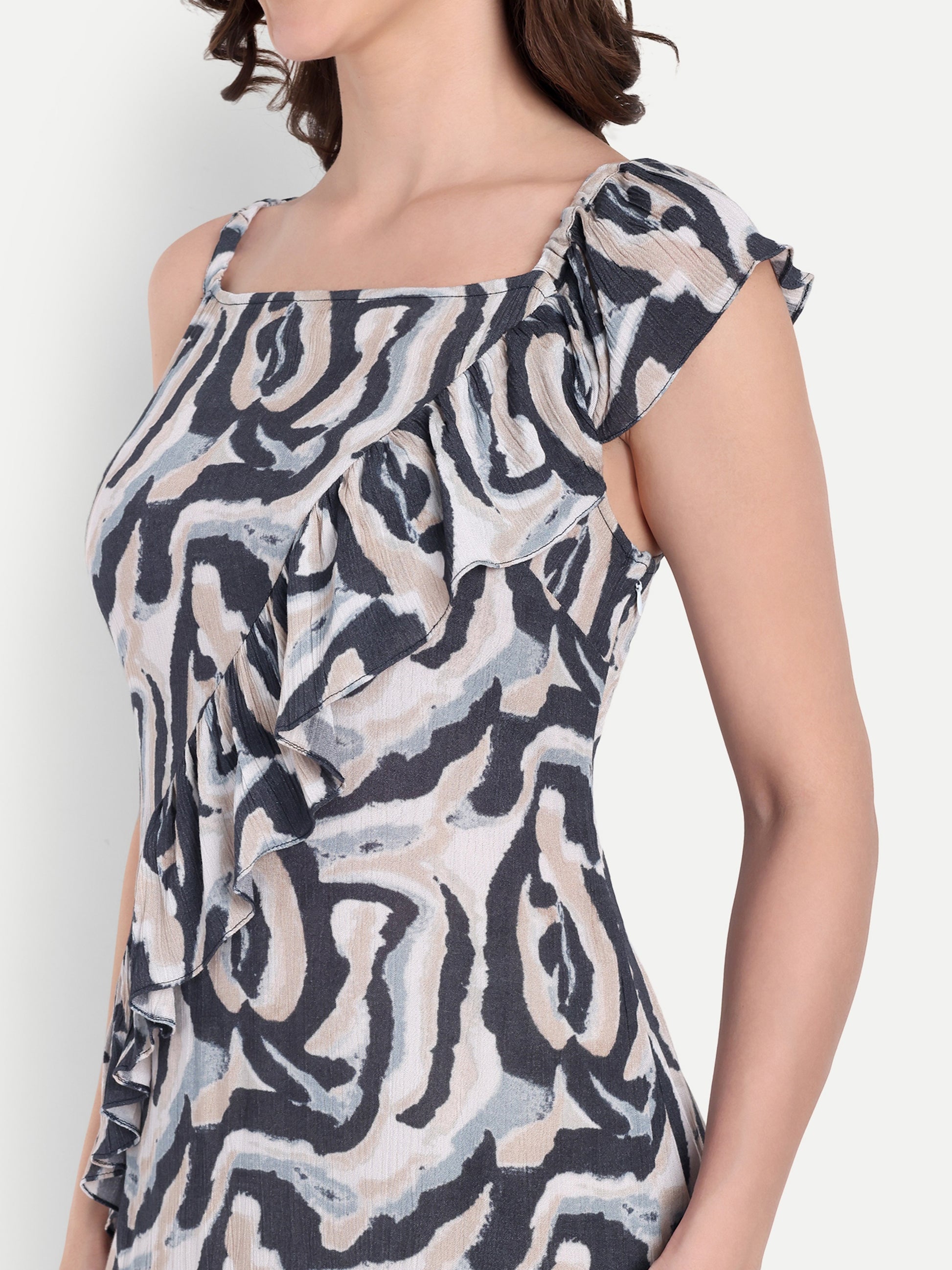 Women's Back And White Printed  Ruffle Dress | Sleeveless | Stylish Summer & Party Wear (Copy)