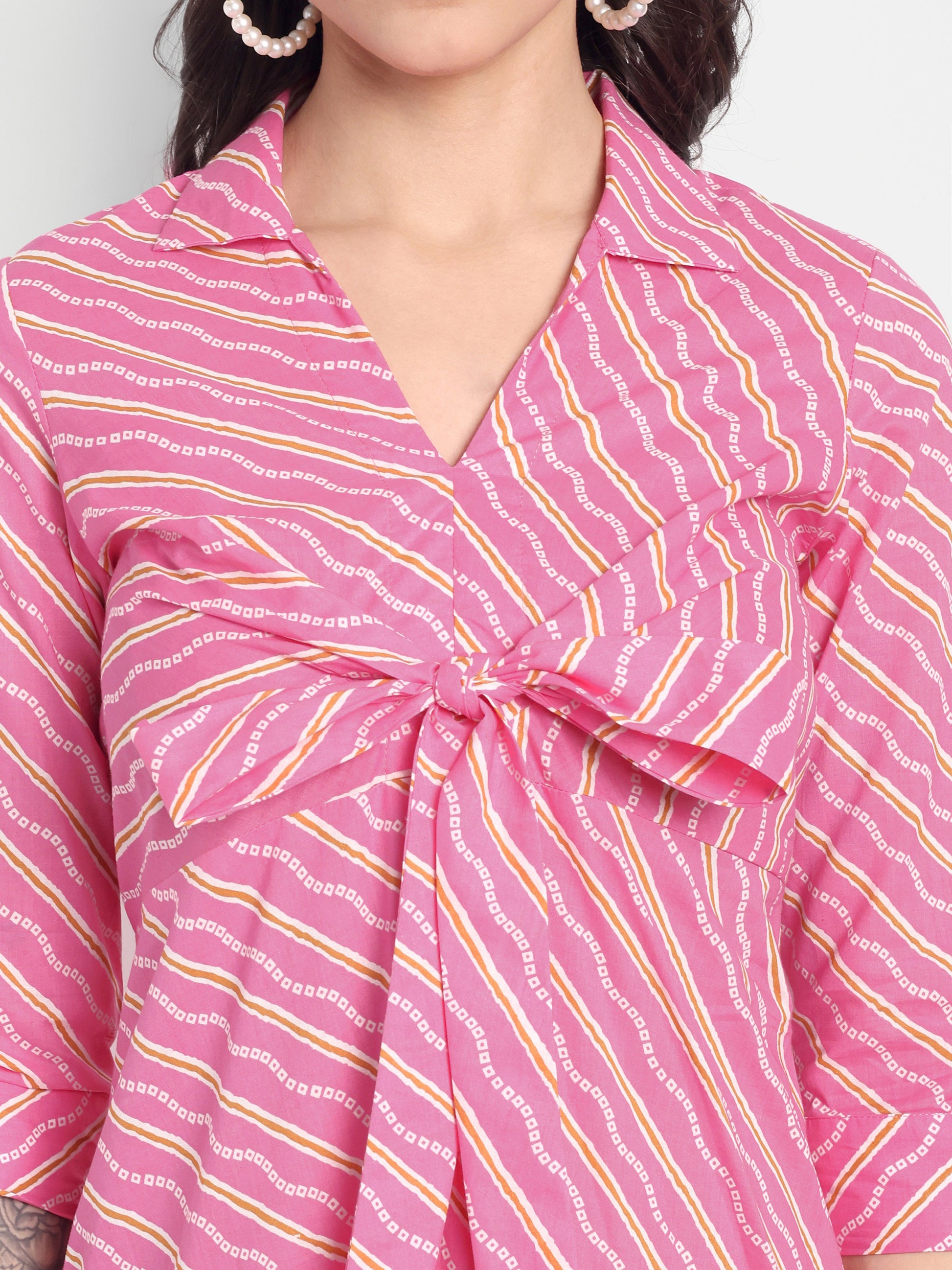 Women's Pink Striped Knee-Length Dress | Front Knot Detail | Casual & Party Wear