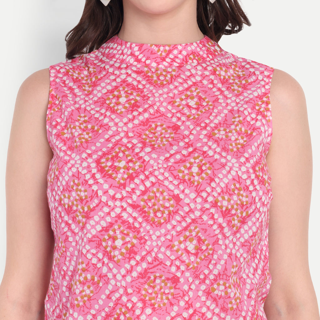 Women's Pink Printed Sleeveless Top | High Neck | Lightweight & Stylish Summer Wear