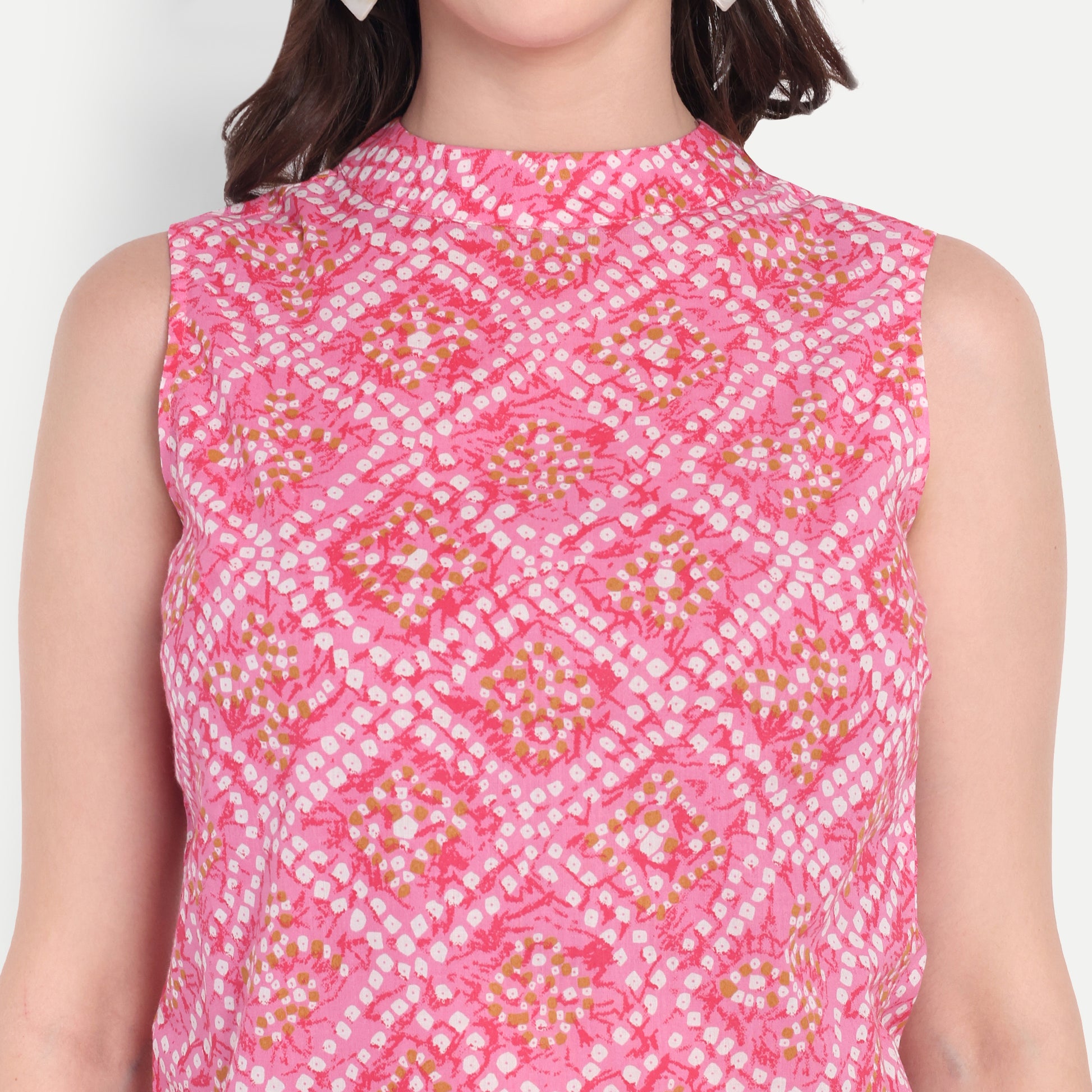Women's Pink Printed Sleeveless Top | High Neck | Lightweight & Stylish Summer Wear
