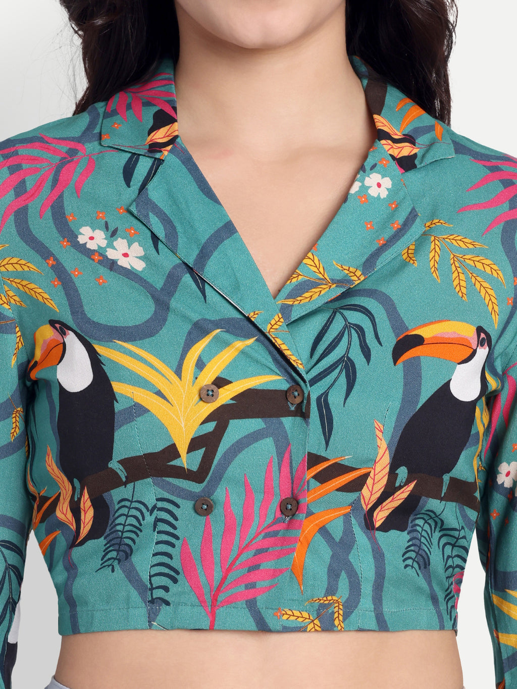 Tropical Print Collar Crop Top & Lavender Wide-Leg Trousers Set