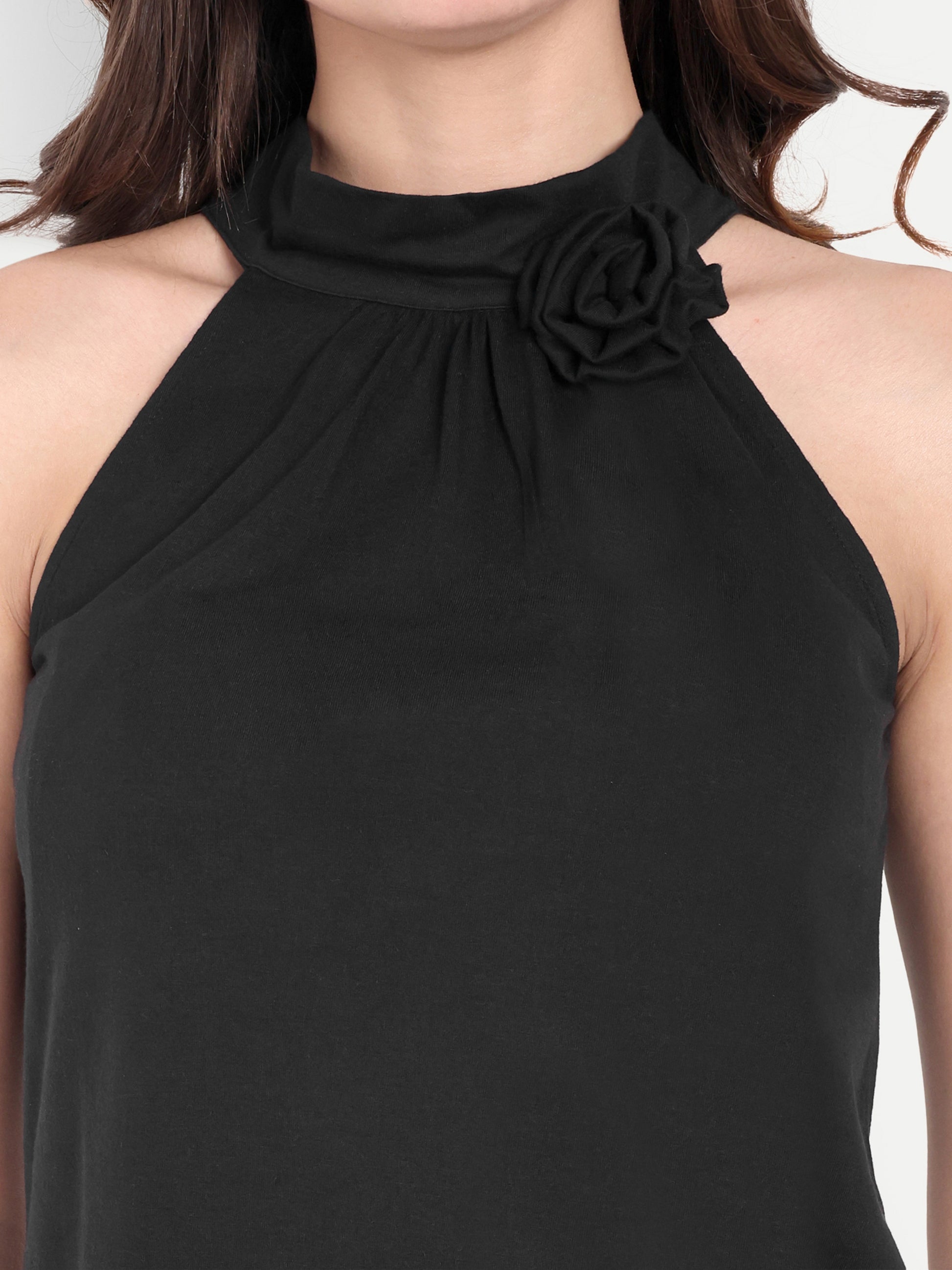 Women's Black Halter Floral Note Neck Sleeveless Top | Casual & Party Wear