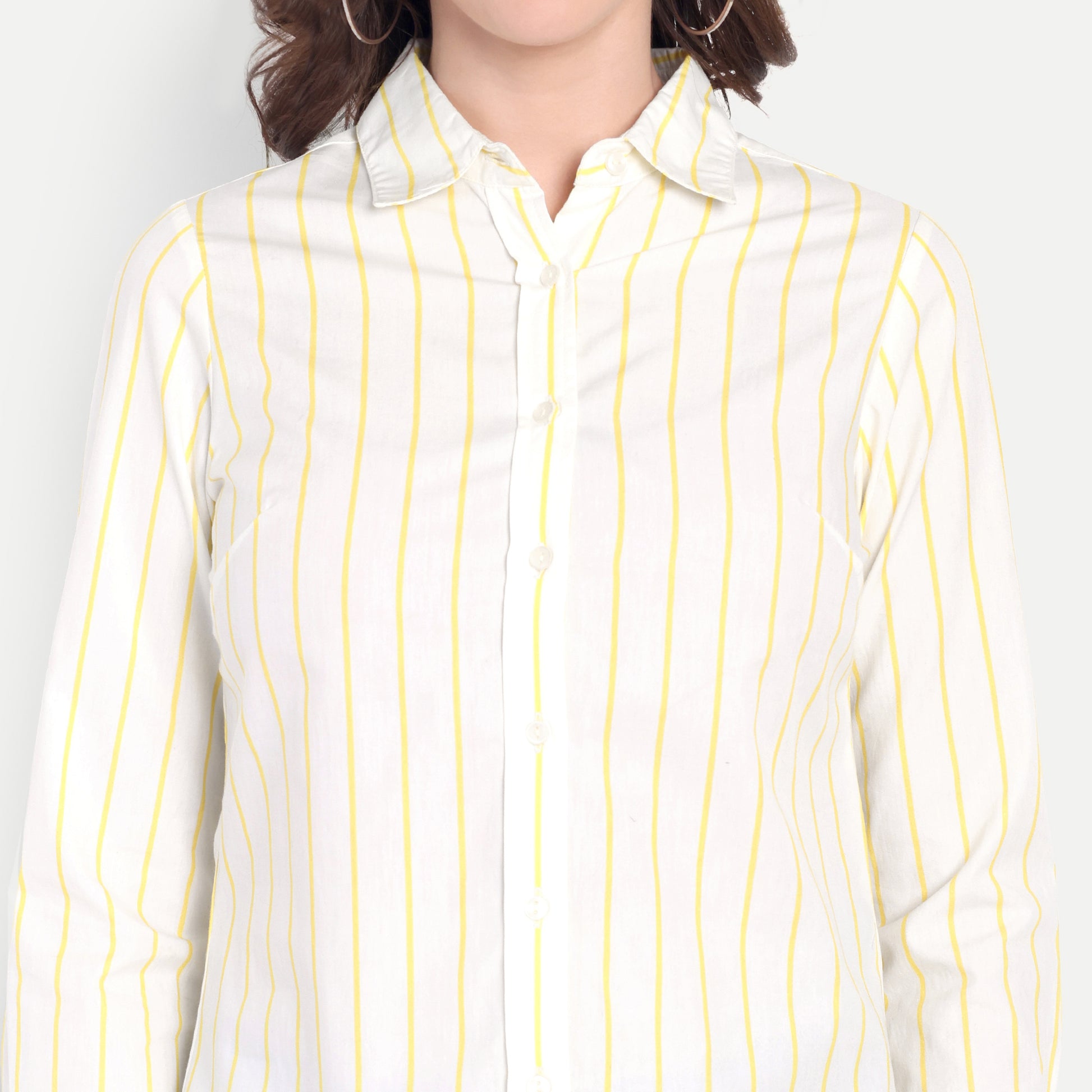 Women's White & Yellow Striped Button-Down Shirt – Long Sleeve | Casual & Office Wear