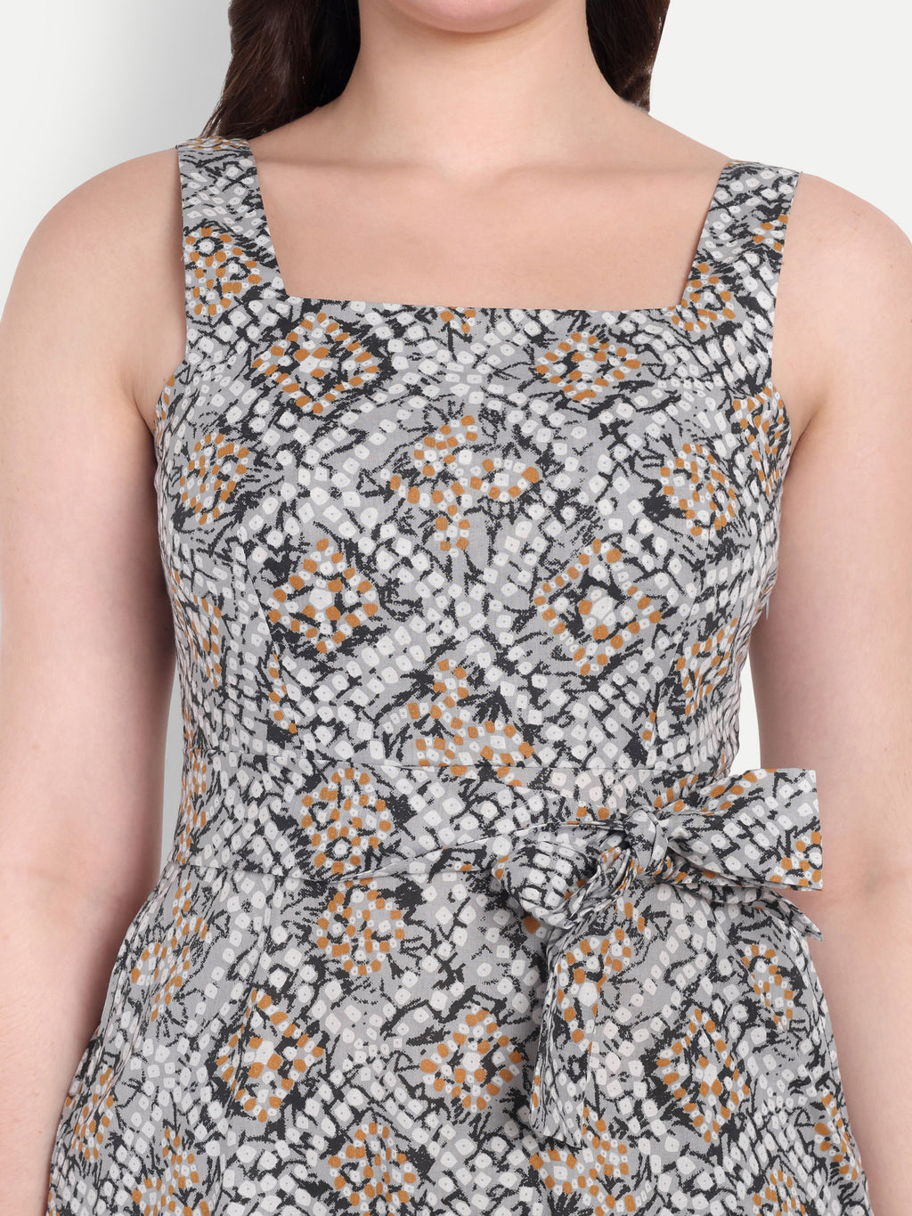 Women's Grey & White Floral Halter Neck Top with Waist Tie | Sleeveless Casual Wear