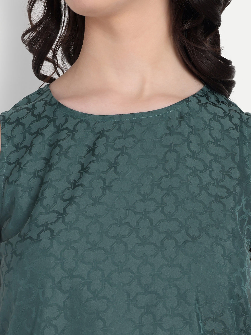 Women's Dark Green Sleeveless Top | Subtle Pattern | Elegant Round Neck for Casual & Office Wear