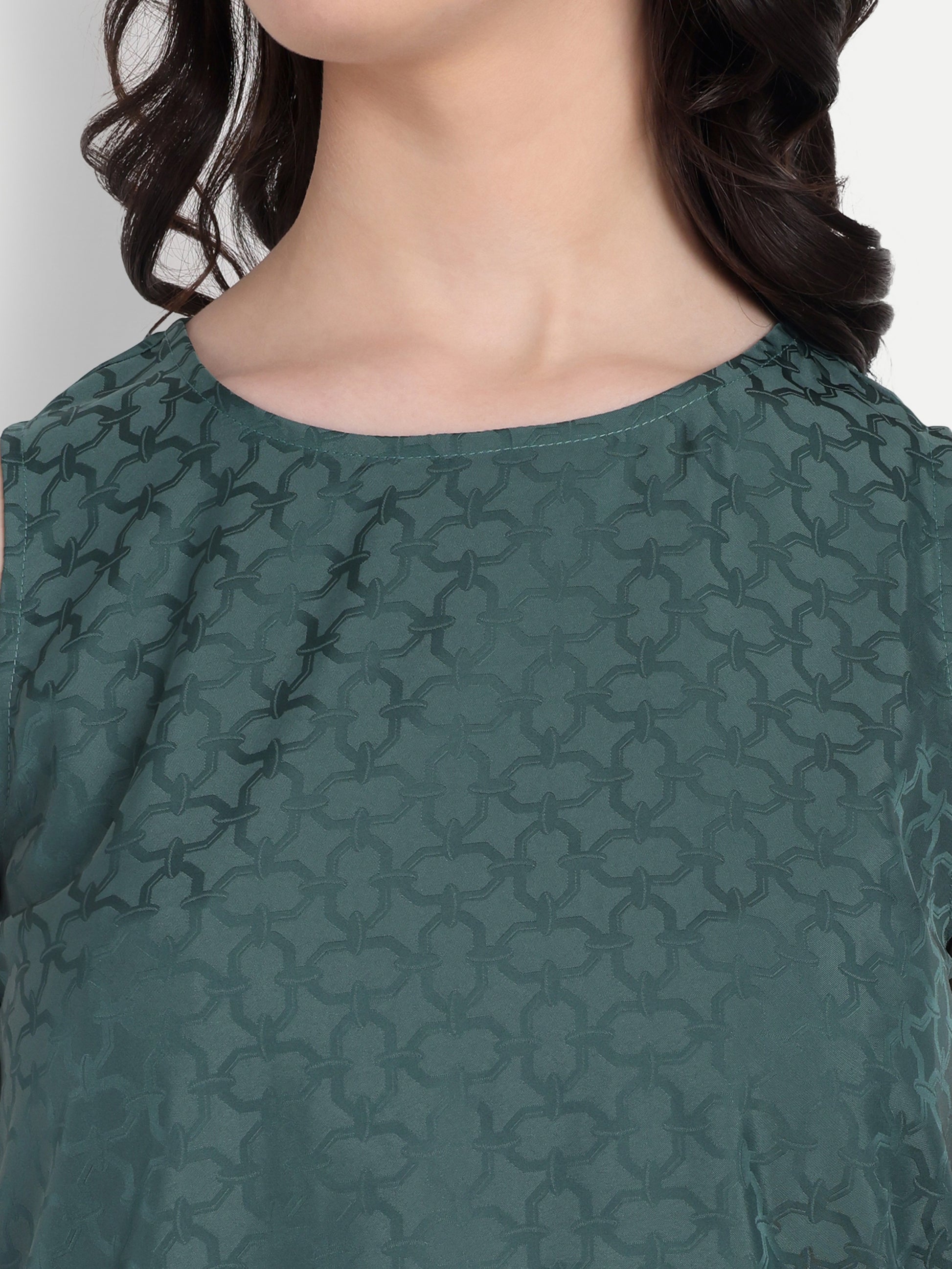 Women's Dark Green Sleeveless Top | Subtle Pattern | Elegant Round Neck for Casual & Office Wear