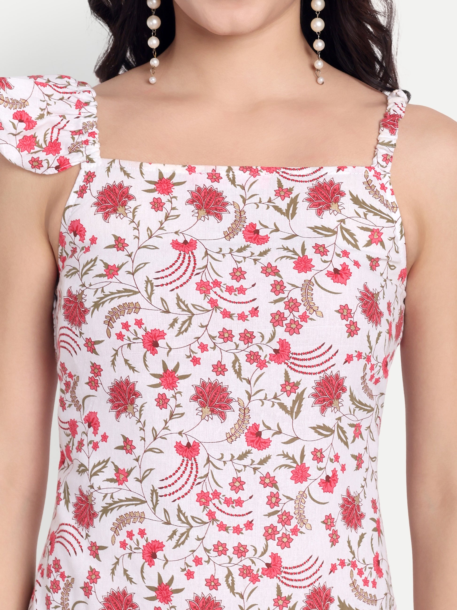 White & Pink Floral Ruffle Hem Midi Dress with One-Shoulder Bow Strap