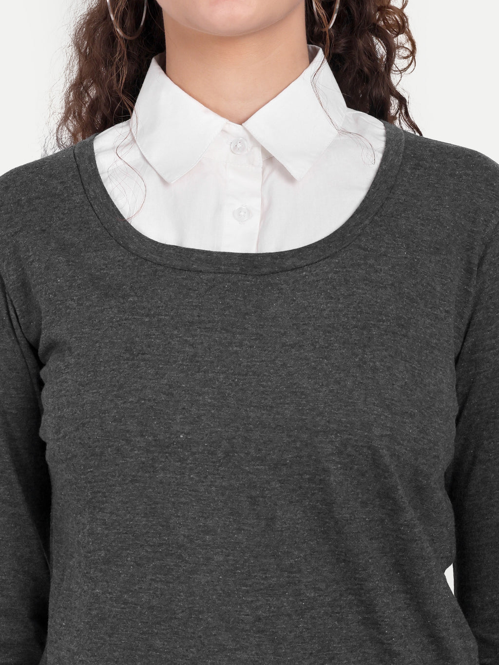Women's Grey Layered Look Top with White Shirt Collar & 3/4 Sleeves