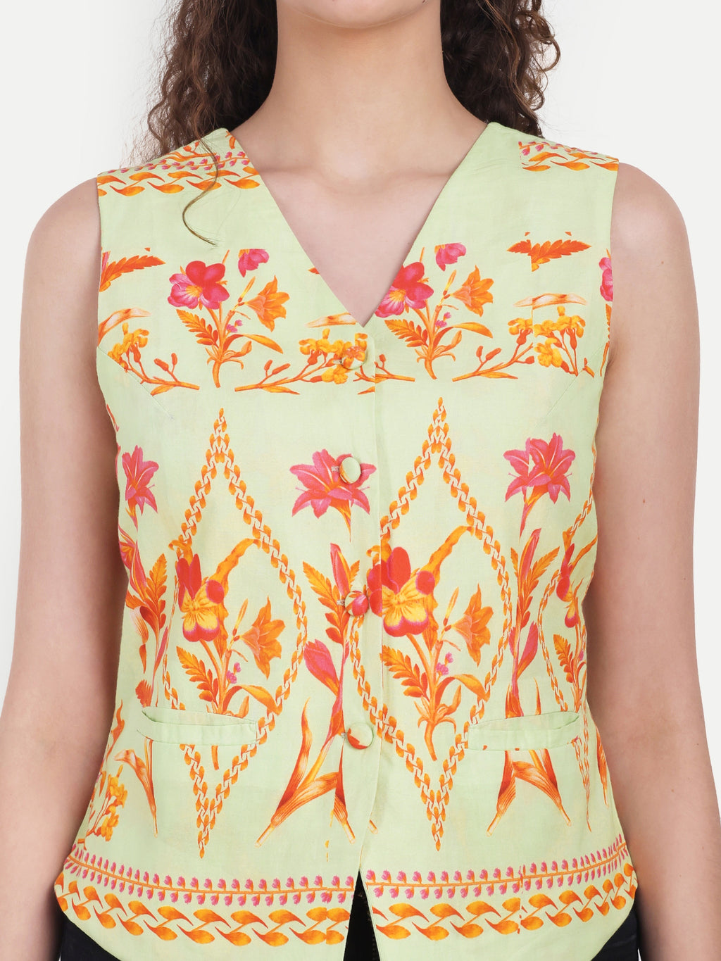 FairLeaf Women's V-Neck Sleeveless Waist Top – |100% Pure Cotton|Lightweight Relaxed Fit with Abstract Paisley Print – Stylish Casual Summer Western Wear for Women