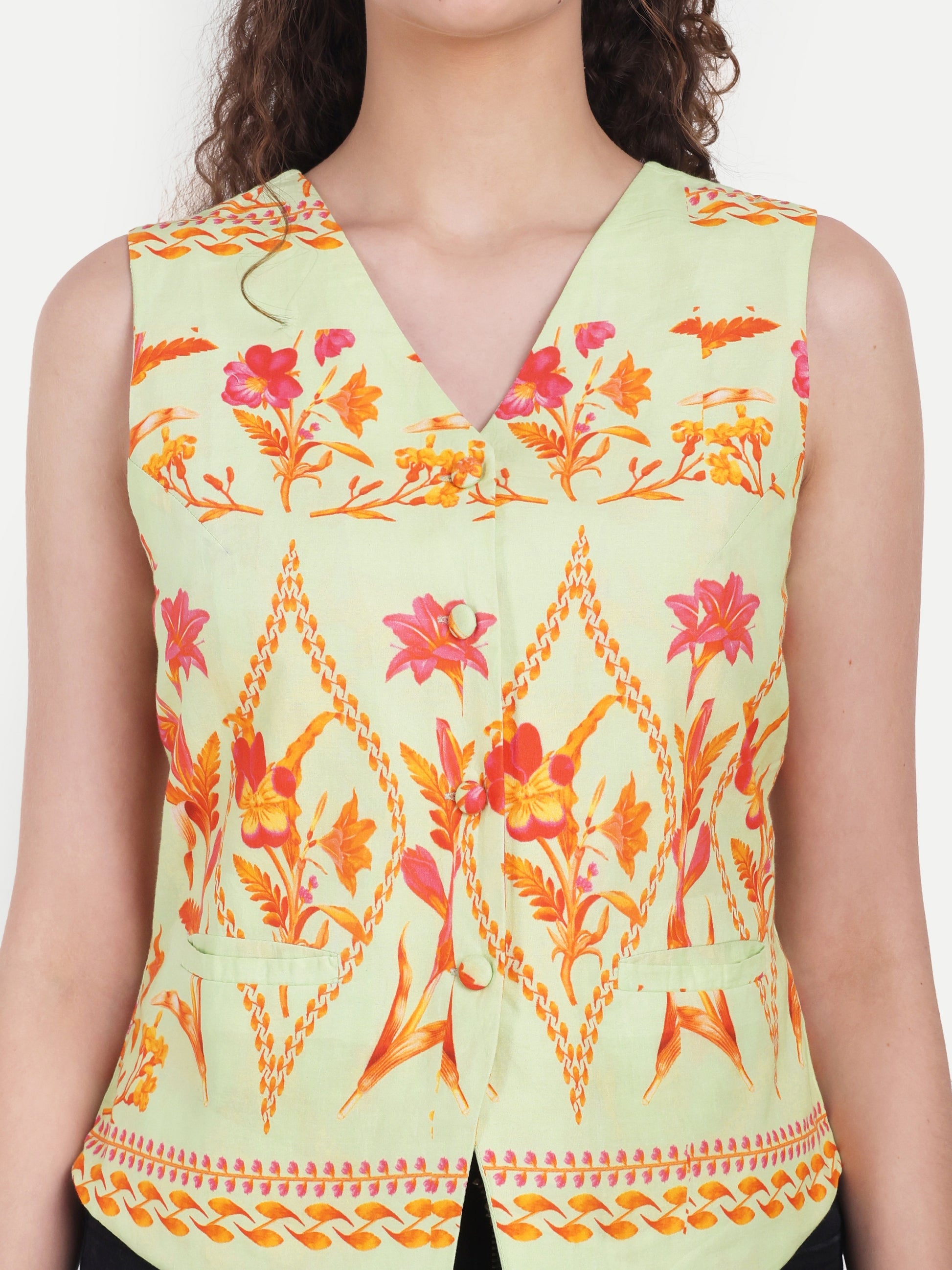 FairLeaf Women's V-Neck Sleeveless Waist Top – |100% Pure Cotton|Lightweight Relaxed Fit with Abstract Paisley Print – Stylish Casual Summer Western Wear for Women