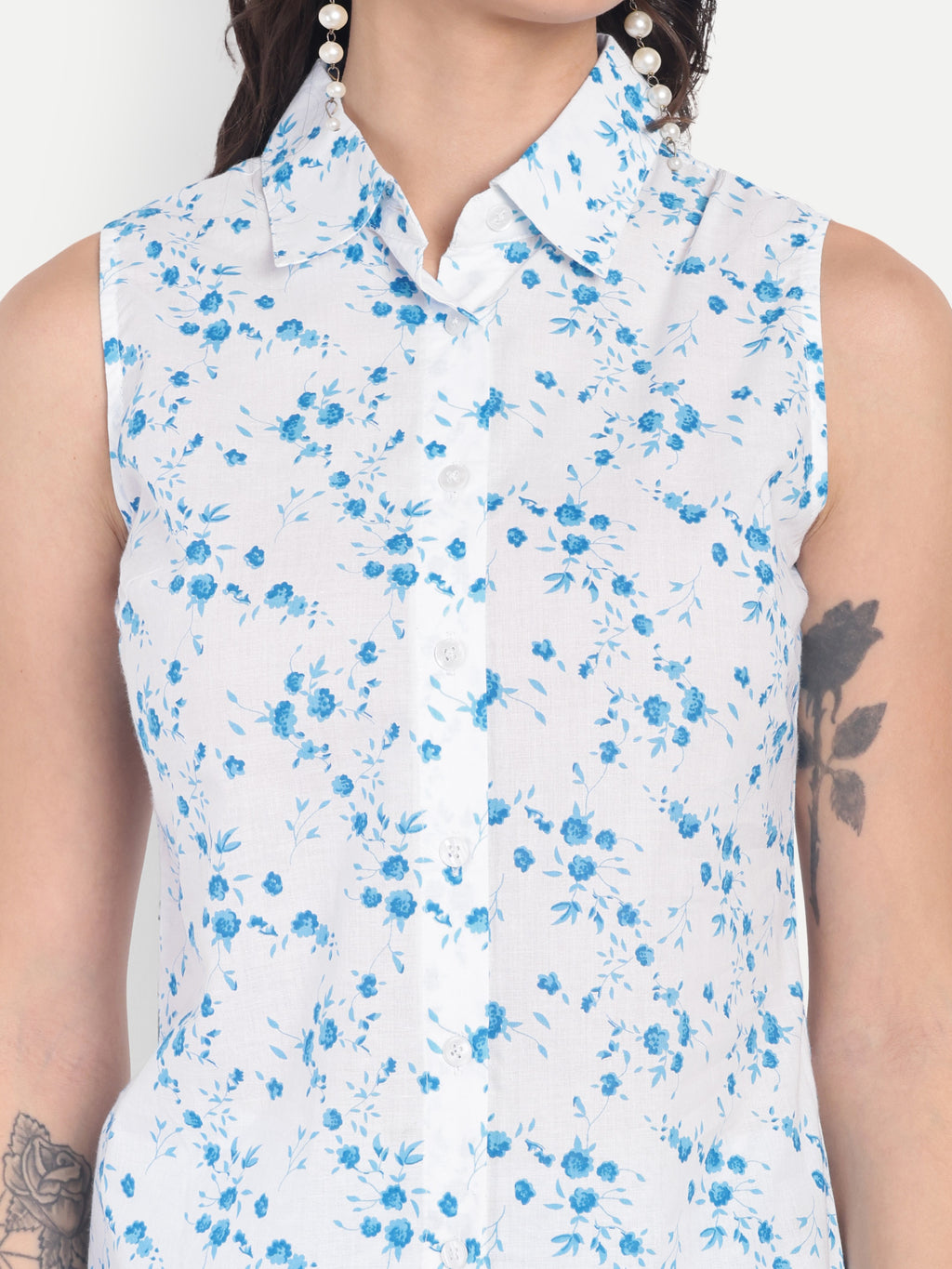 Women's Blue Floral Sleeveless Shirt with Pink Printed Wide-Leg Pants | Comfortable Summer Co-ord Sets
