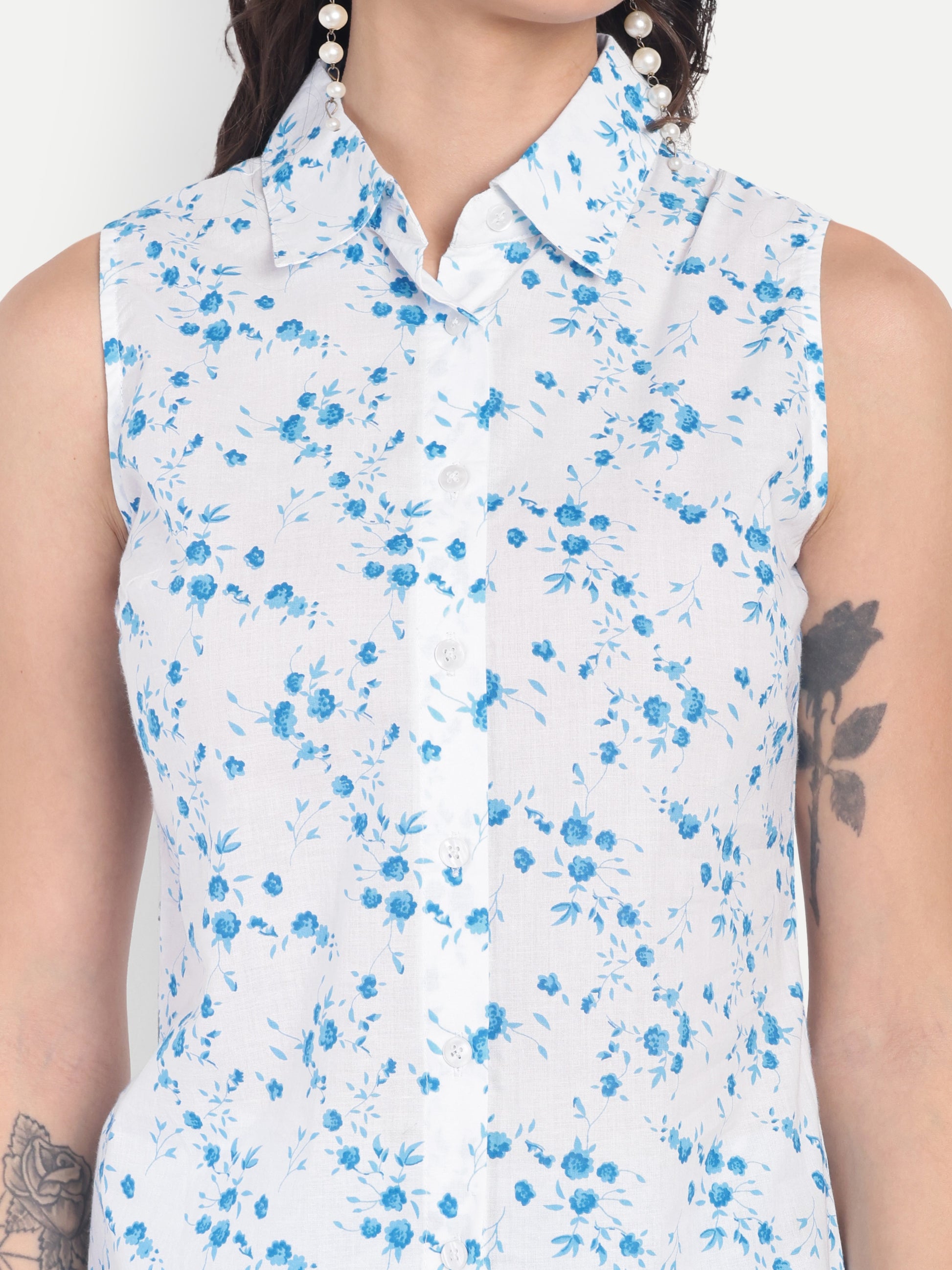 Women's Blue Floral Sleeveless Shirt with Pink Printed Wide-Leg Pants | Comfortable Summer Co-ord Sets