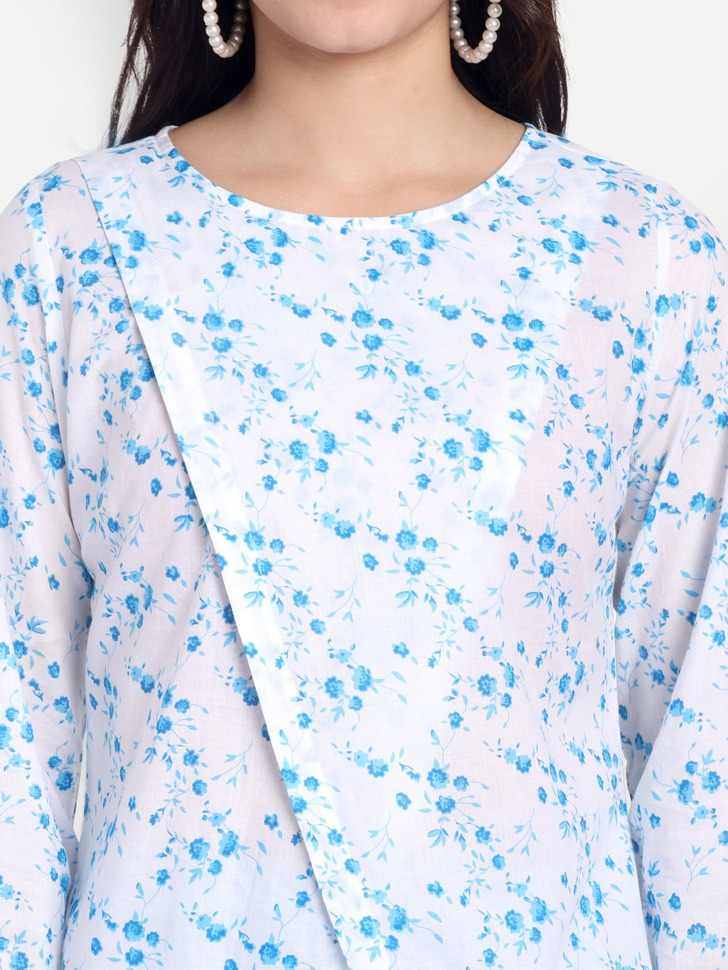 Women's Blue Printed Ethnic Co-ord Set | Asymmetrical Long Kurta with Wide-Leg Pants