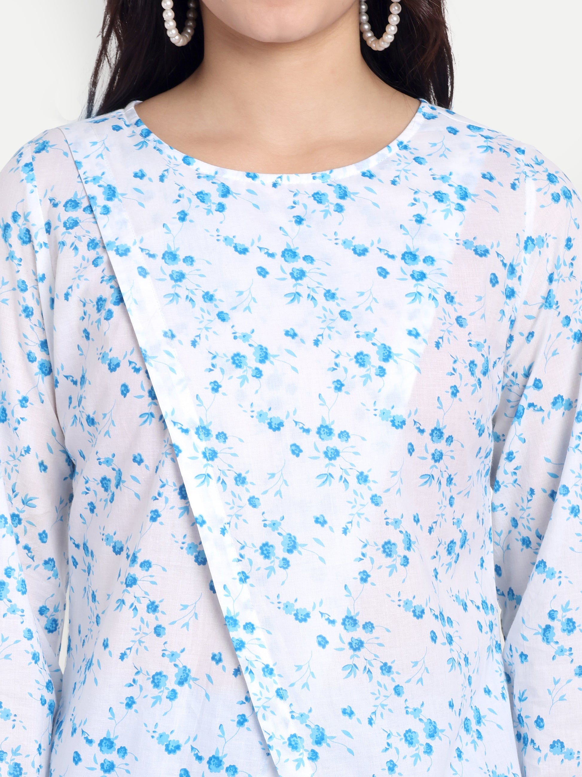 Women's Blue Printed Ethnic Co-ord Set | Asymmetrical Long Kurta with Wide-Leg Pants