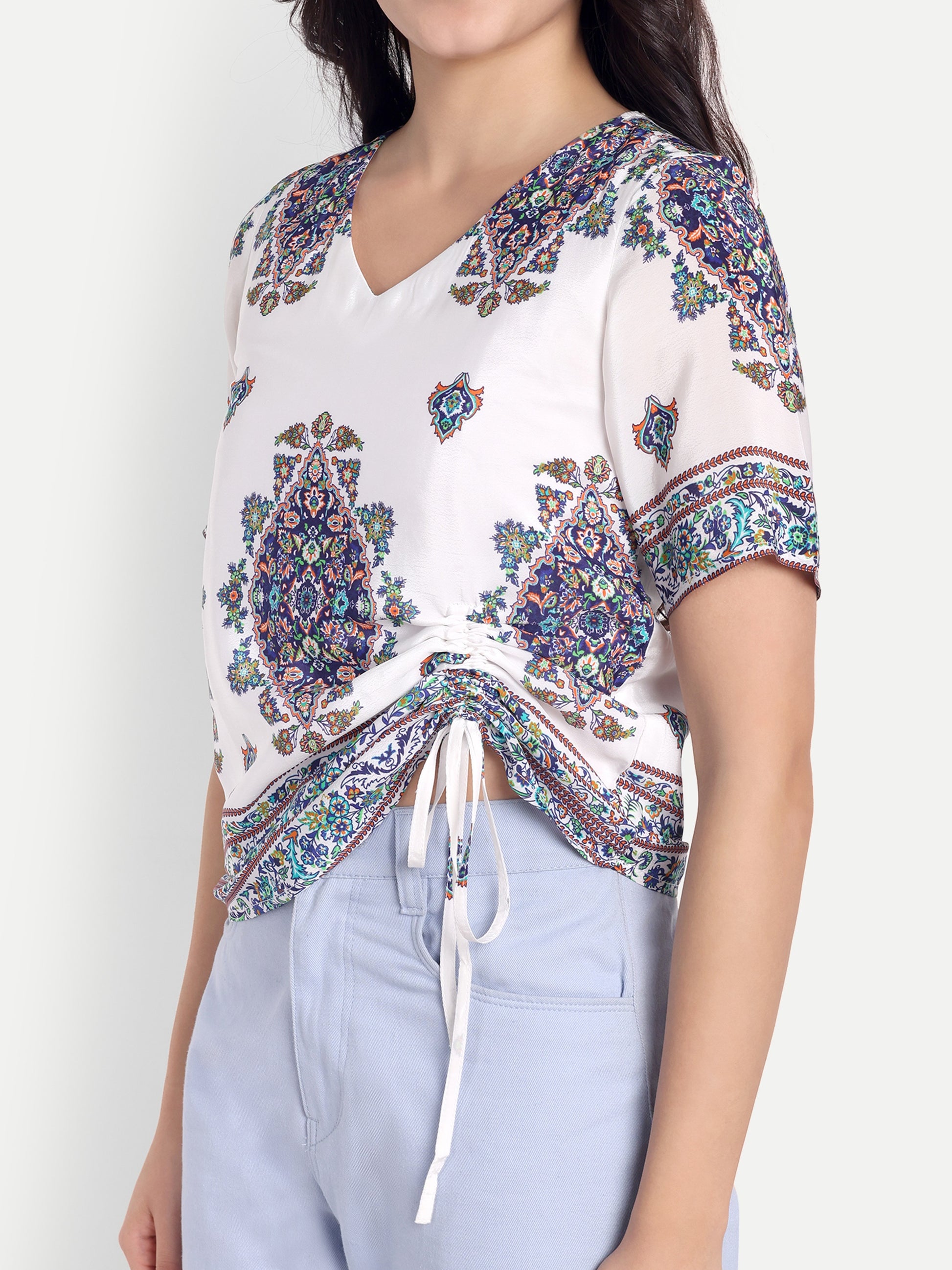 Boho Print White Ruched Top & Lavender Wide-Leg Pants Co-Ord Set