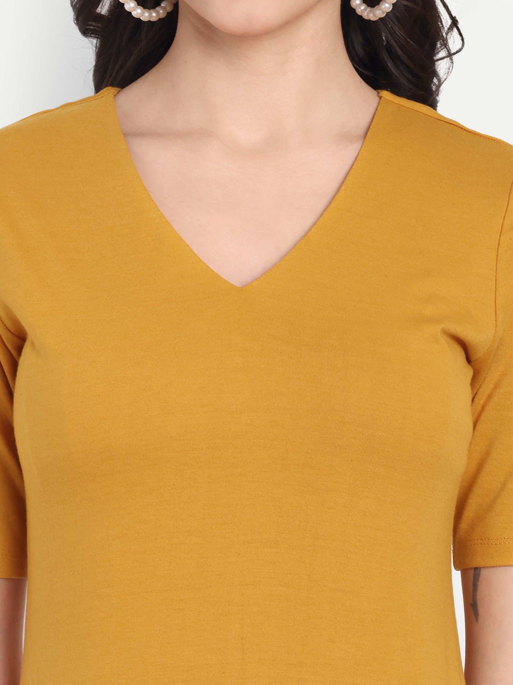 Women's Mustard Yellow Bodycon Midi Dress | V-Neck | Half Sleeve | Casual & Office Wear