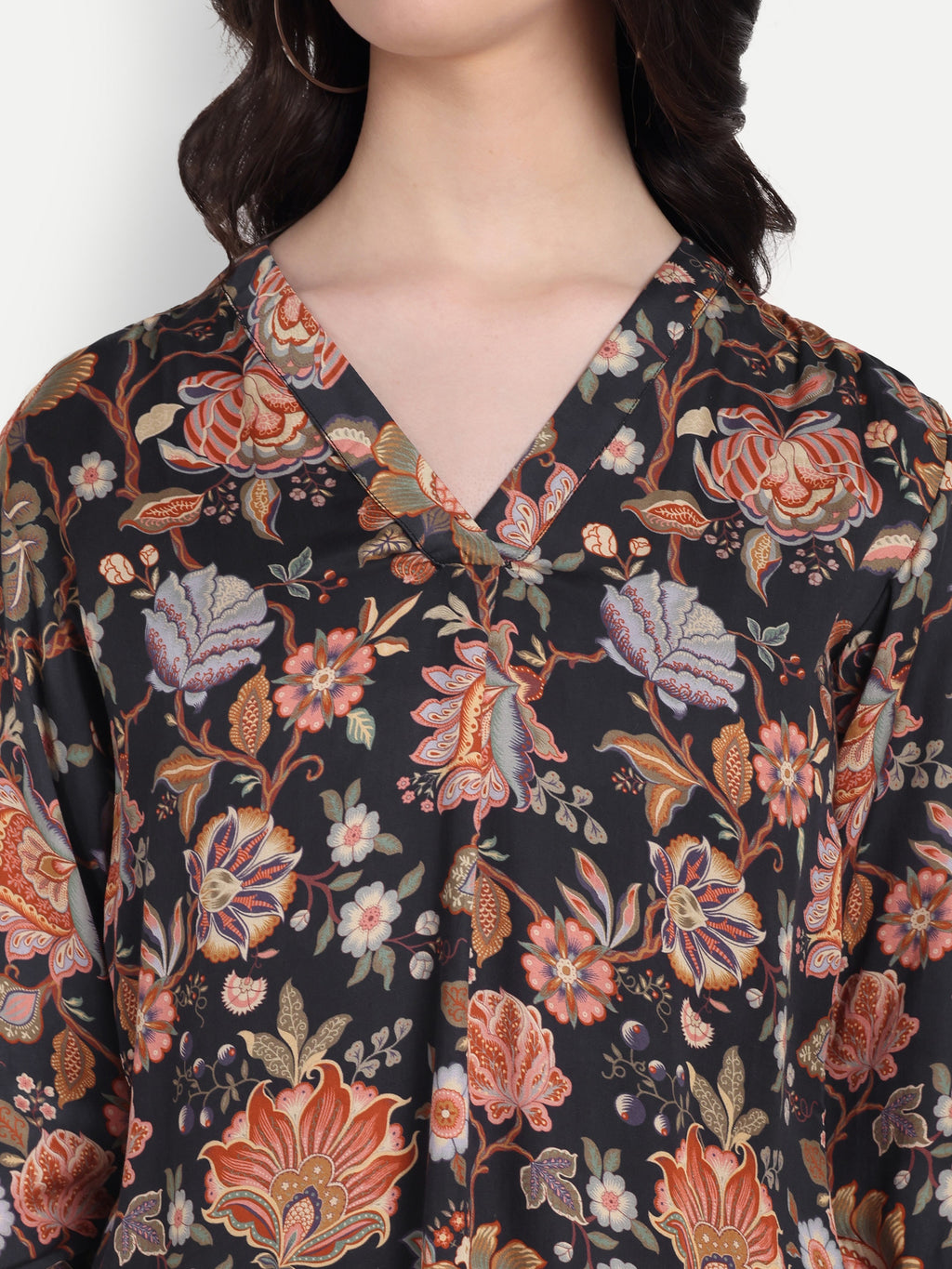 Women's  Black Floral Print V-Neck Top | 3/4 Sleeves | Stylish Casual & Party Wear