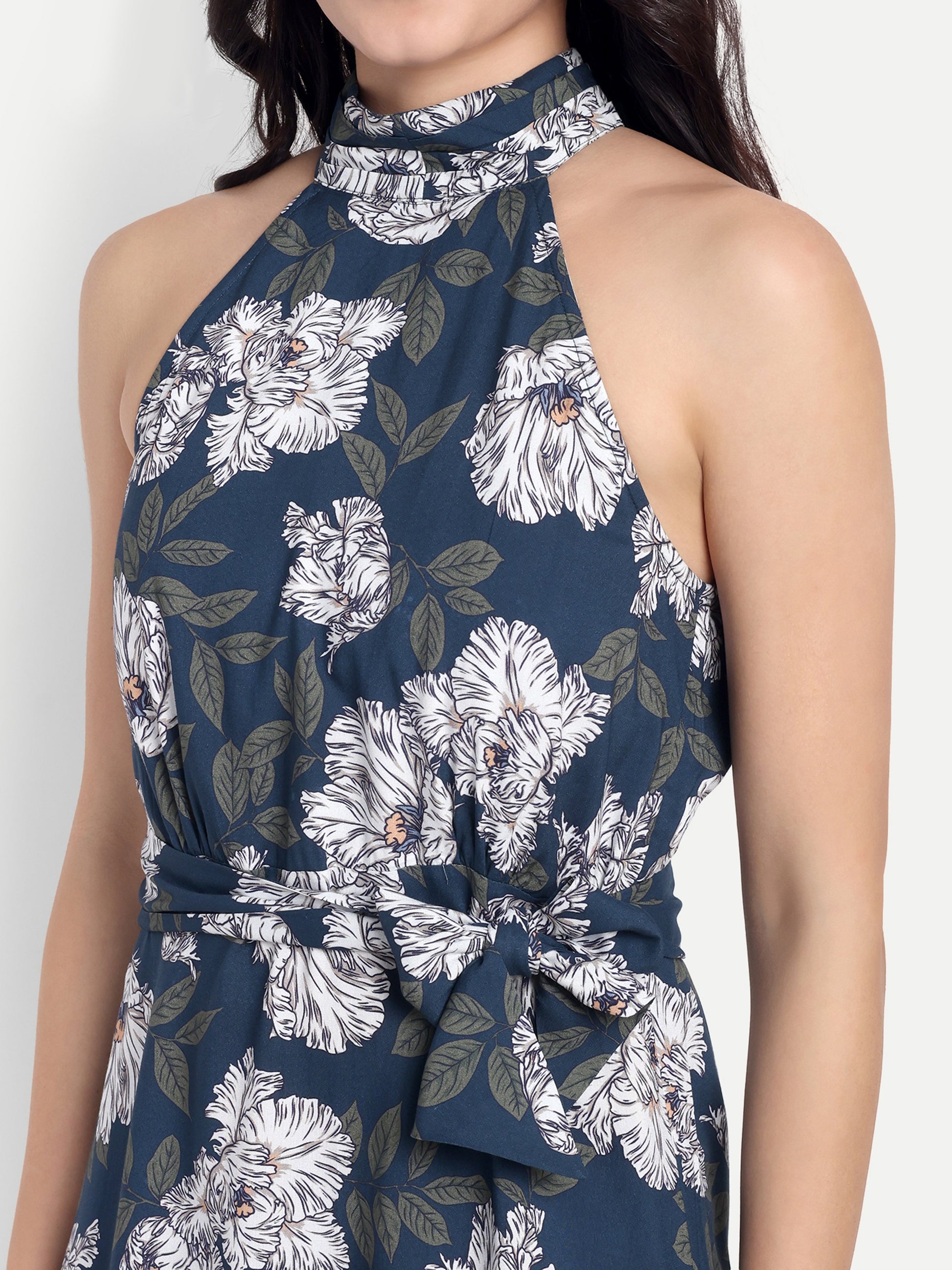 Women's Black & White Floral Halter Neck Midi Dress | Belted Waist | Resort & Summer Wear
