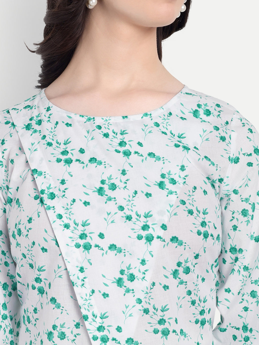 Women's Green White Printed Ethnic Co-ord Set | Asymmetrical Long Kurta with Wide-Leg Pants