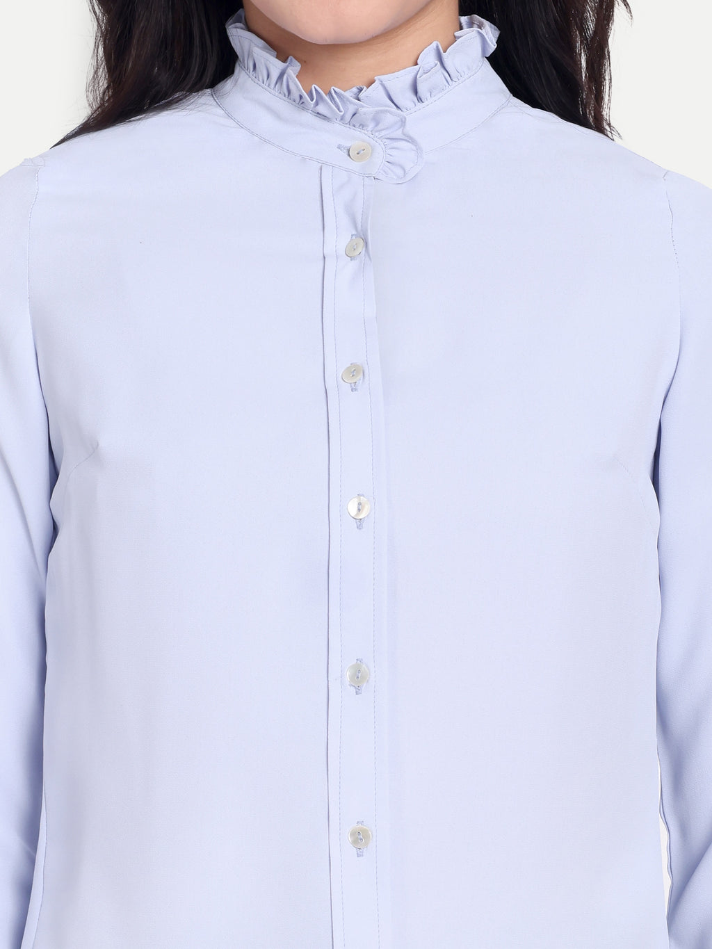Women's Light Blue Ruffle Collar Shirt | Elegant Formal & Casual Top with Long Sleeves