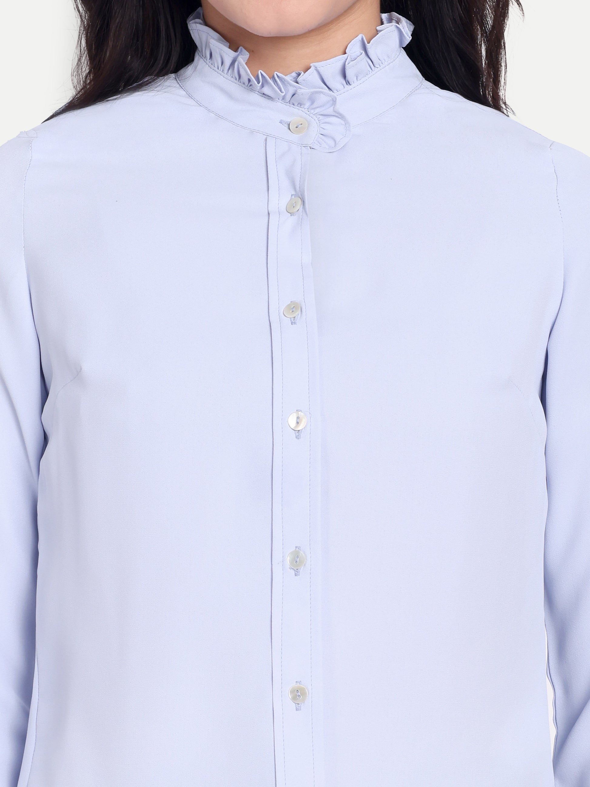Women's Light Blue Ruffle Collar Shirt | Elegant Formal & Casual Top with Long Sleeves
