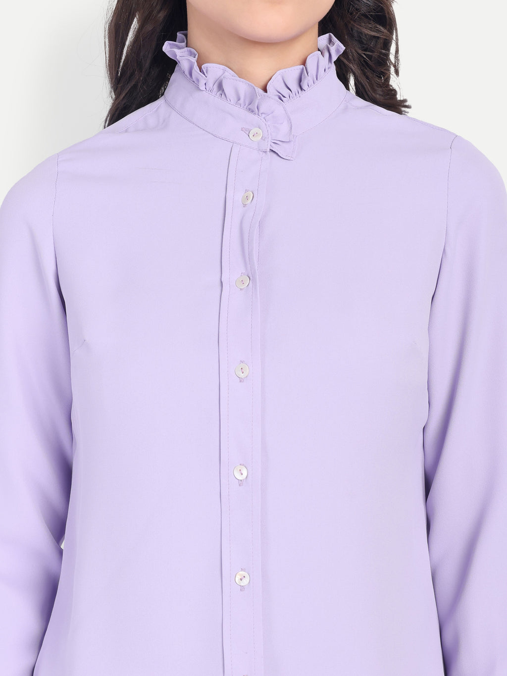 Women's Lavender Ruffle Collar Shirt | Elegant Formal & Casual Top with Long Sleeves