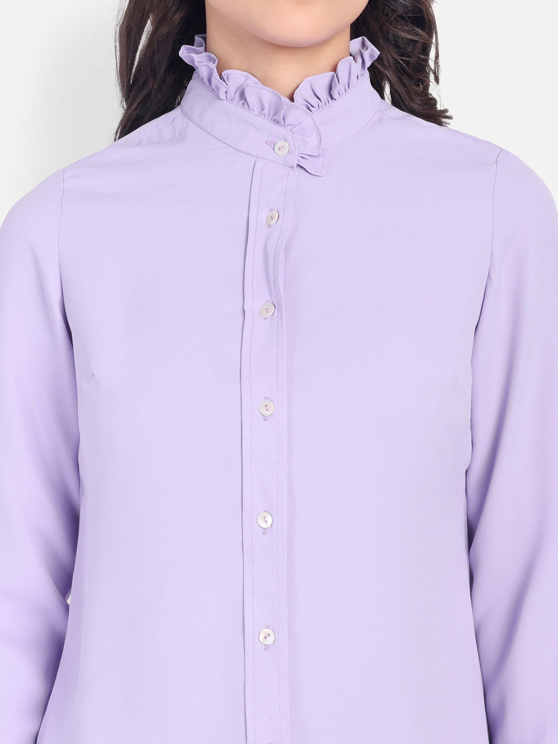 Women's Lavender Ruffle Collar Shirt | Elegant Formal & Casual Top with Long Sleeves