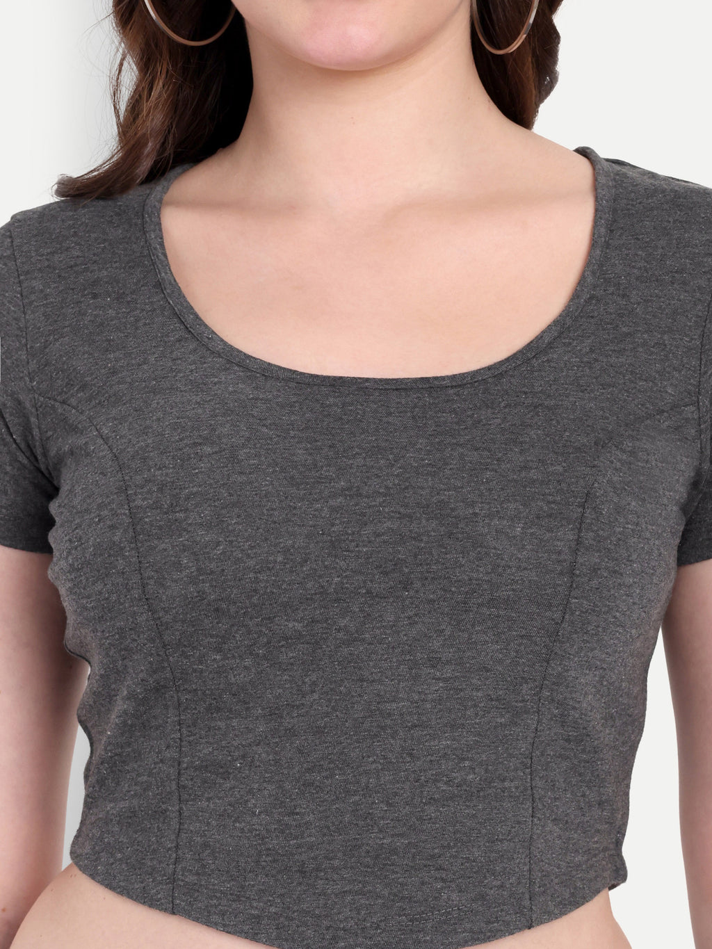 Women's Dark Grey Crop Top with Scoop Neck & Short Sleeves