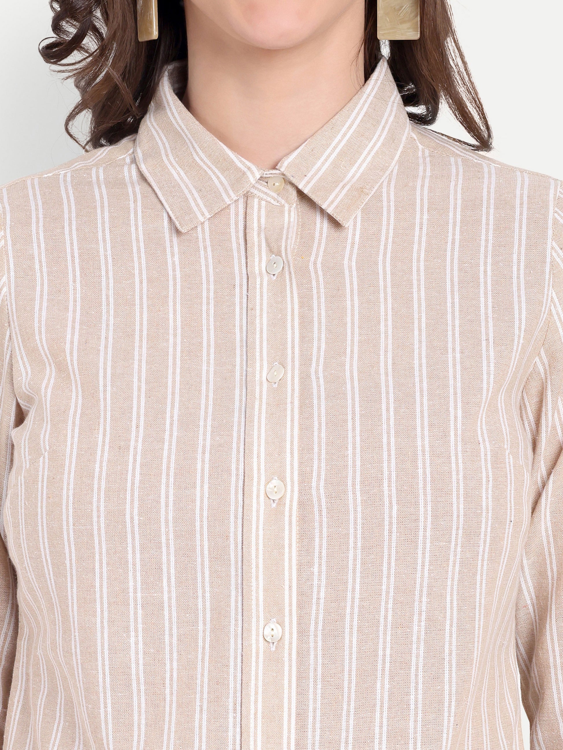 Women's Beige & White Striped Button-Down Shirt – Long Sleeve | Casual & Office Wear