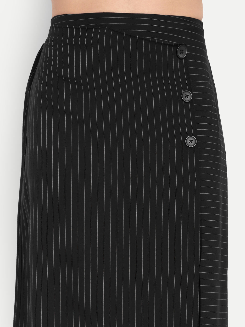 Women's Black Pinstripe Wrap Midi Skirt with Button Detail | Office & Casual Wear