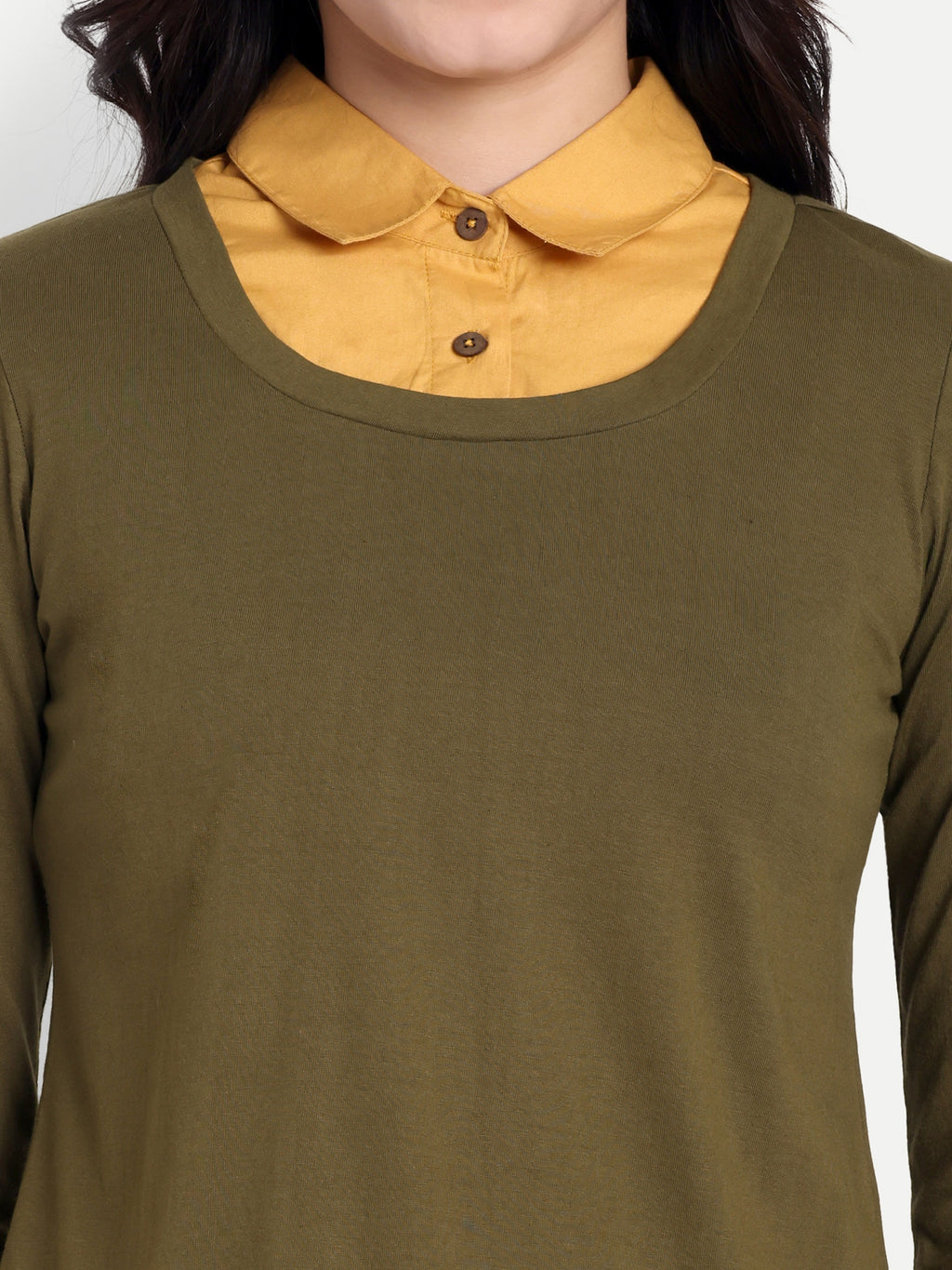 Women's Olive Layered Look Top with Orange Shirt Collar & 3/4 Sleeves