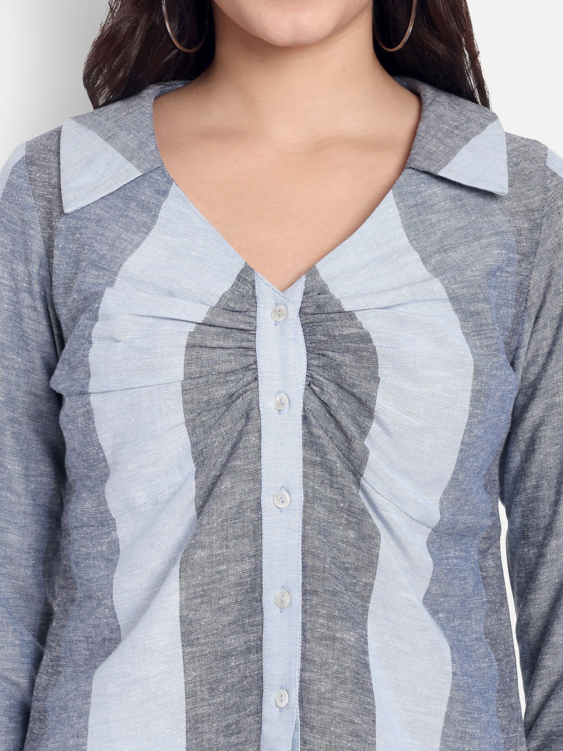 Women's Grey & Light Blue Striped Button-Down Shirt – Long Sleeve | Elegant Office & Casual Wear