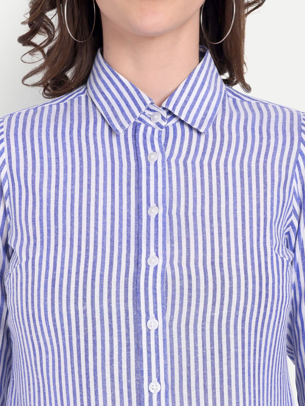 Women's White & BLUE Striped Button-Down Shirt – Long Sleeve | Casual & Office Wear