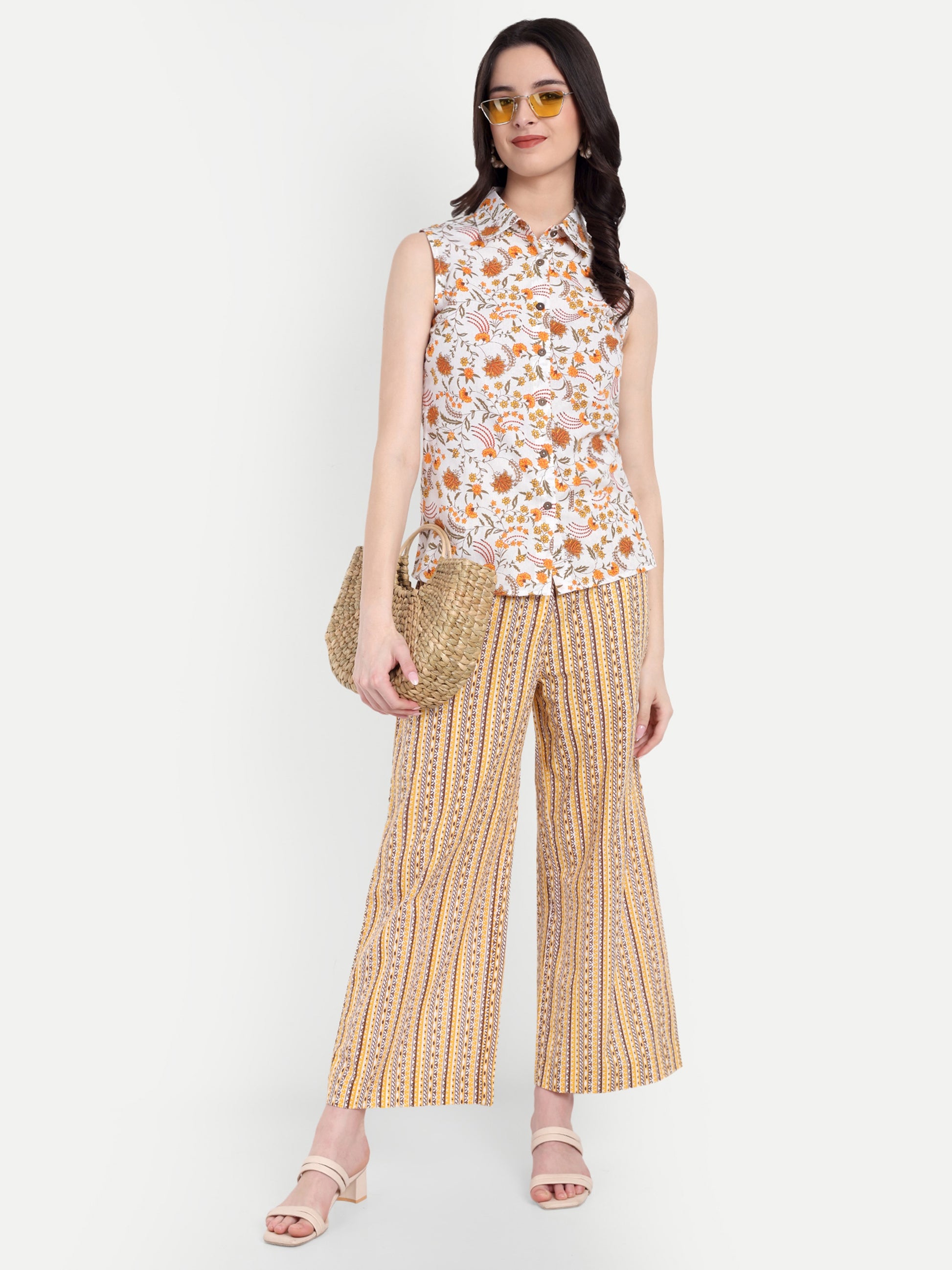 Women's Yellow Floral Sleeveless Shirt with Pink Printed Wide-Leg Pants | Comfortable Summer Co-ord Sets