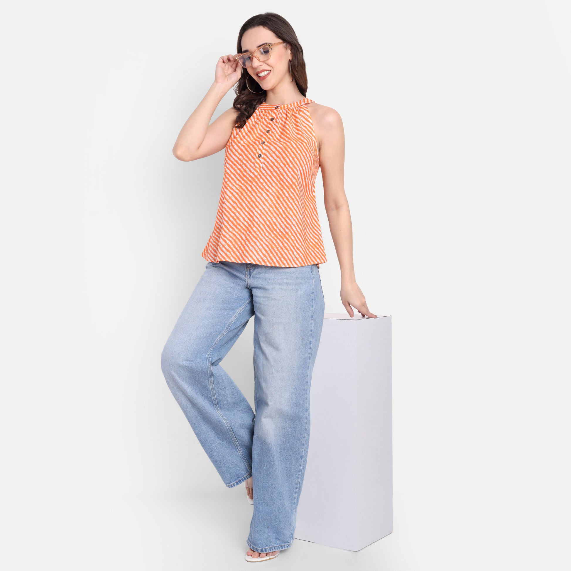 FairLeaf Women's Halter orange Top with Button-Down High Neckline| Sleeveless Elegant Summer Tunic for Casual, & Office Wear| Stylish OrangeTops for Women