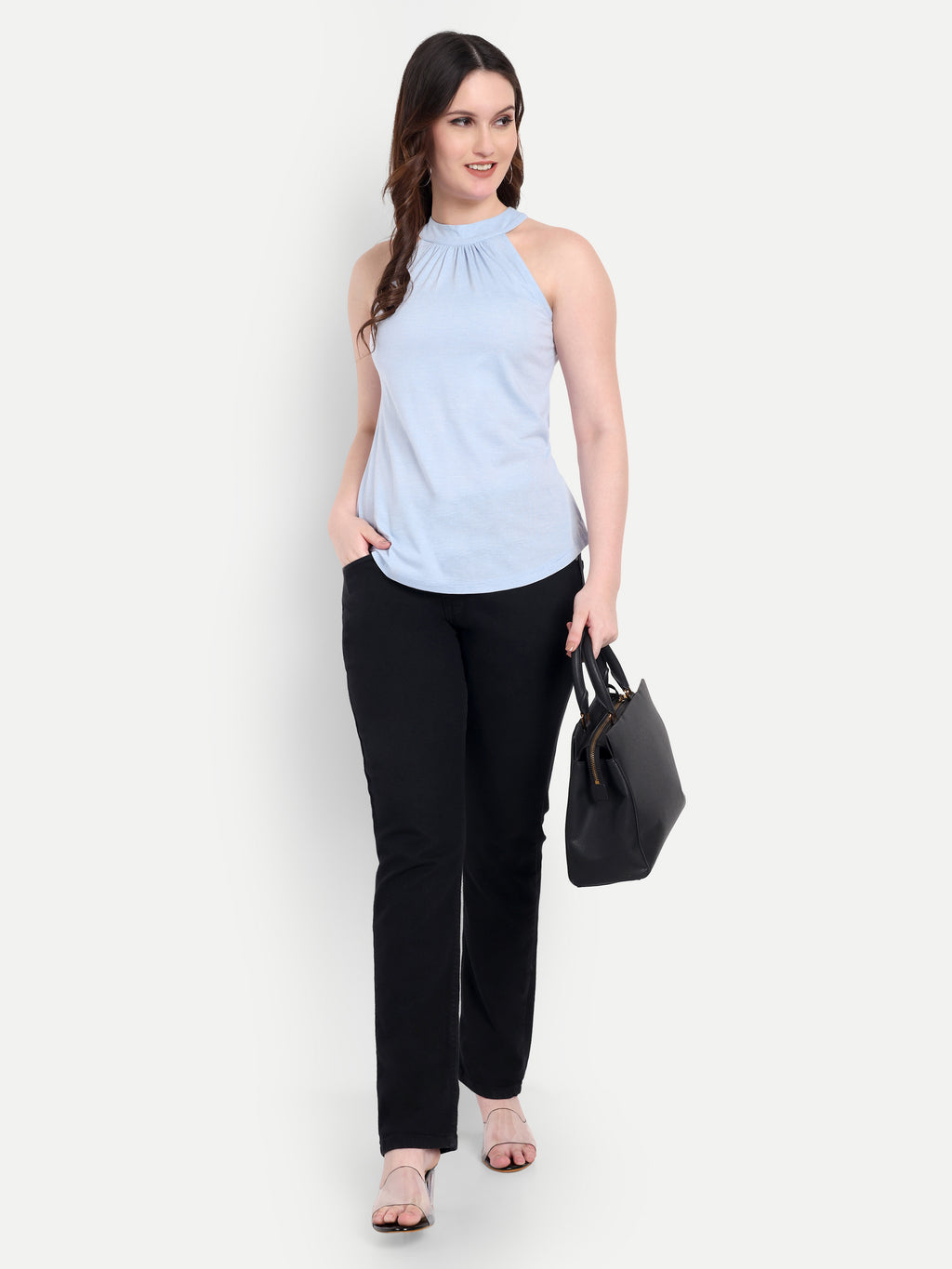 Women's light Blue Halter Neck Sleeveless Top | Casual & Party Wear