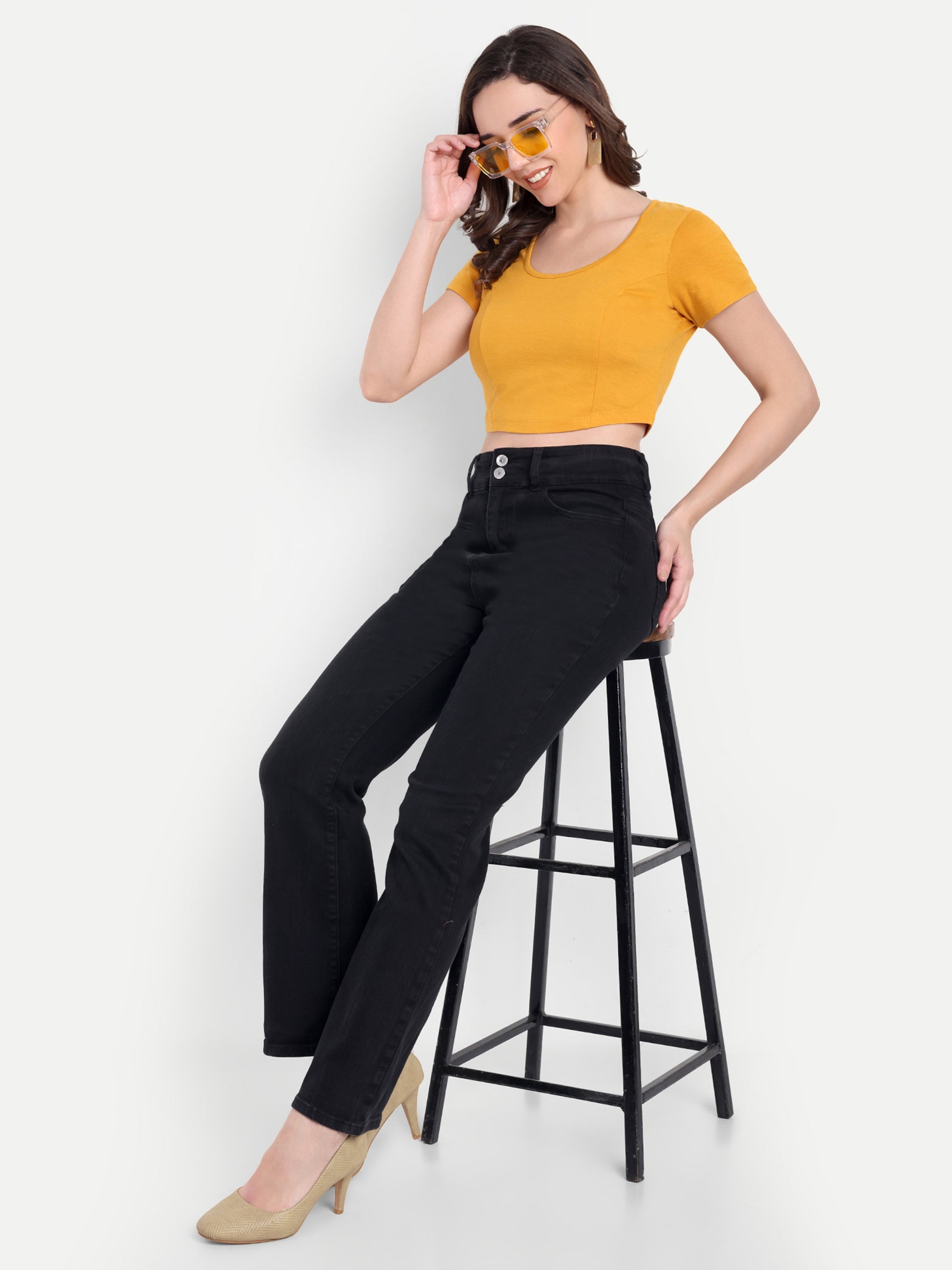 omen's Mustard Yellow Crop Top with Scoop Neck & Short Sleeves