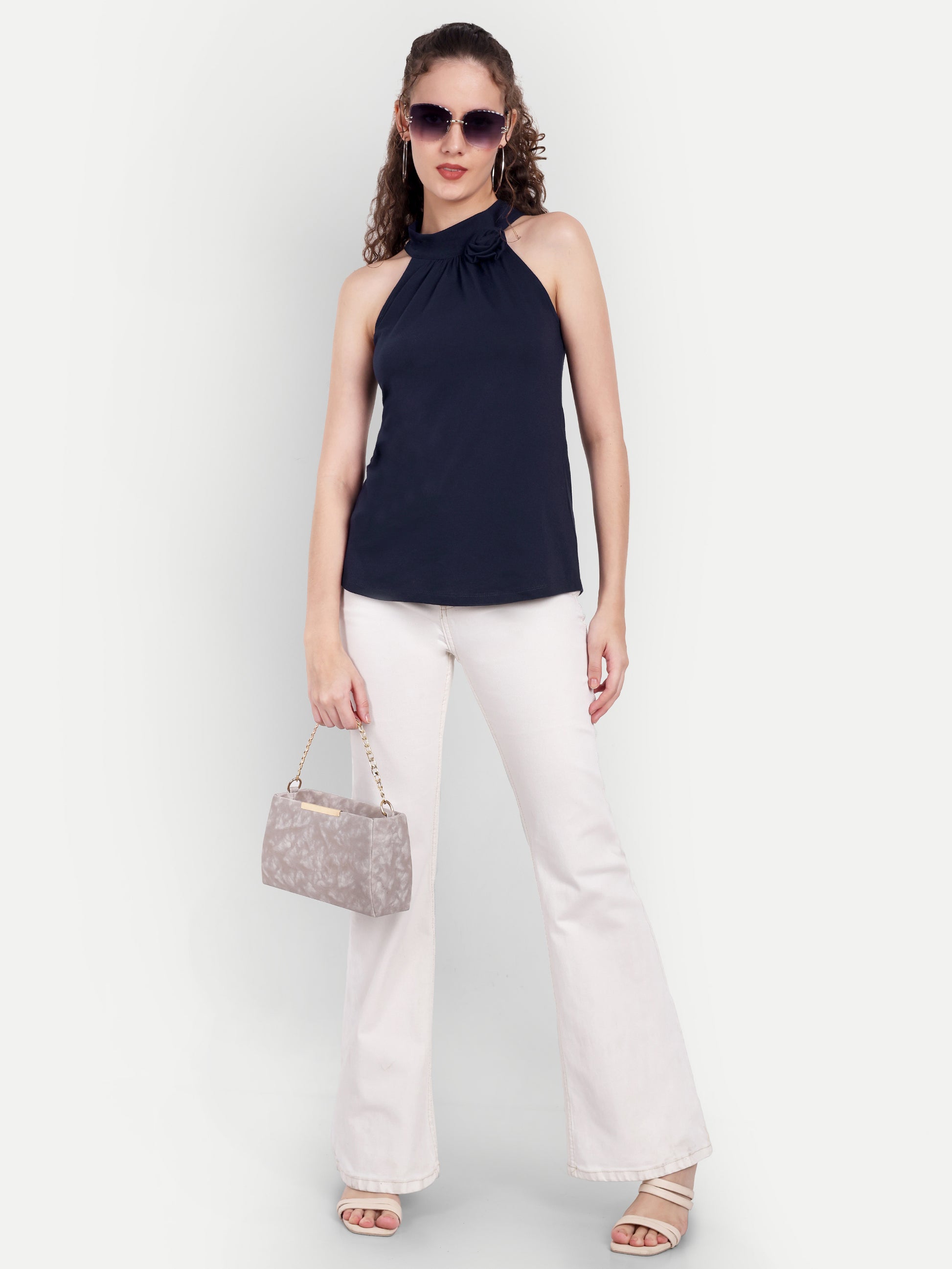 Women's Grey Halter Neck Sleeveless Top | Casual & Party Wear