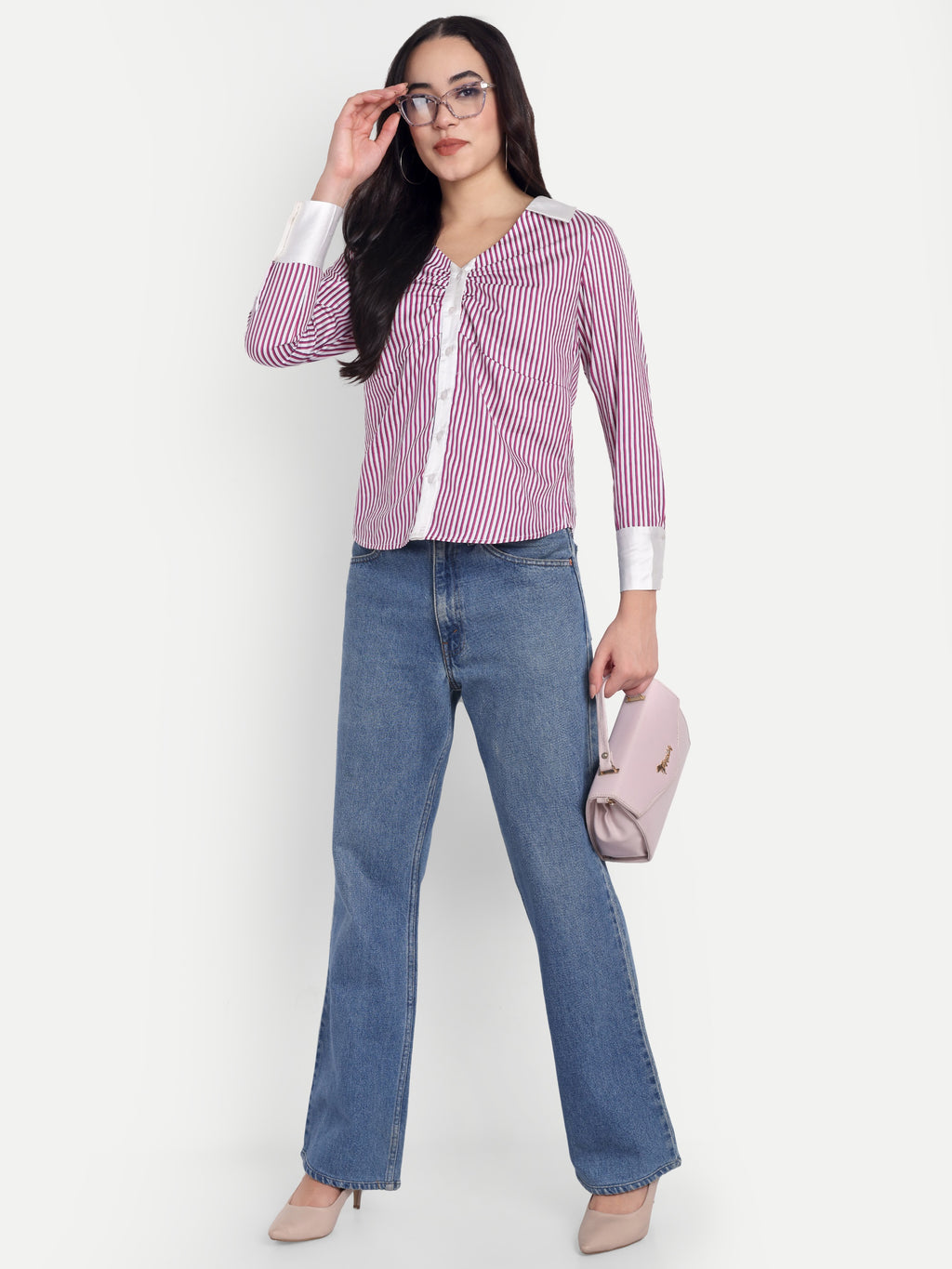 Women's Navy Purple & White Striped Button-Down Shirt – Long Sleeve | Smart Casual & Office Wear (Copy)