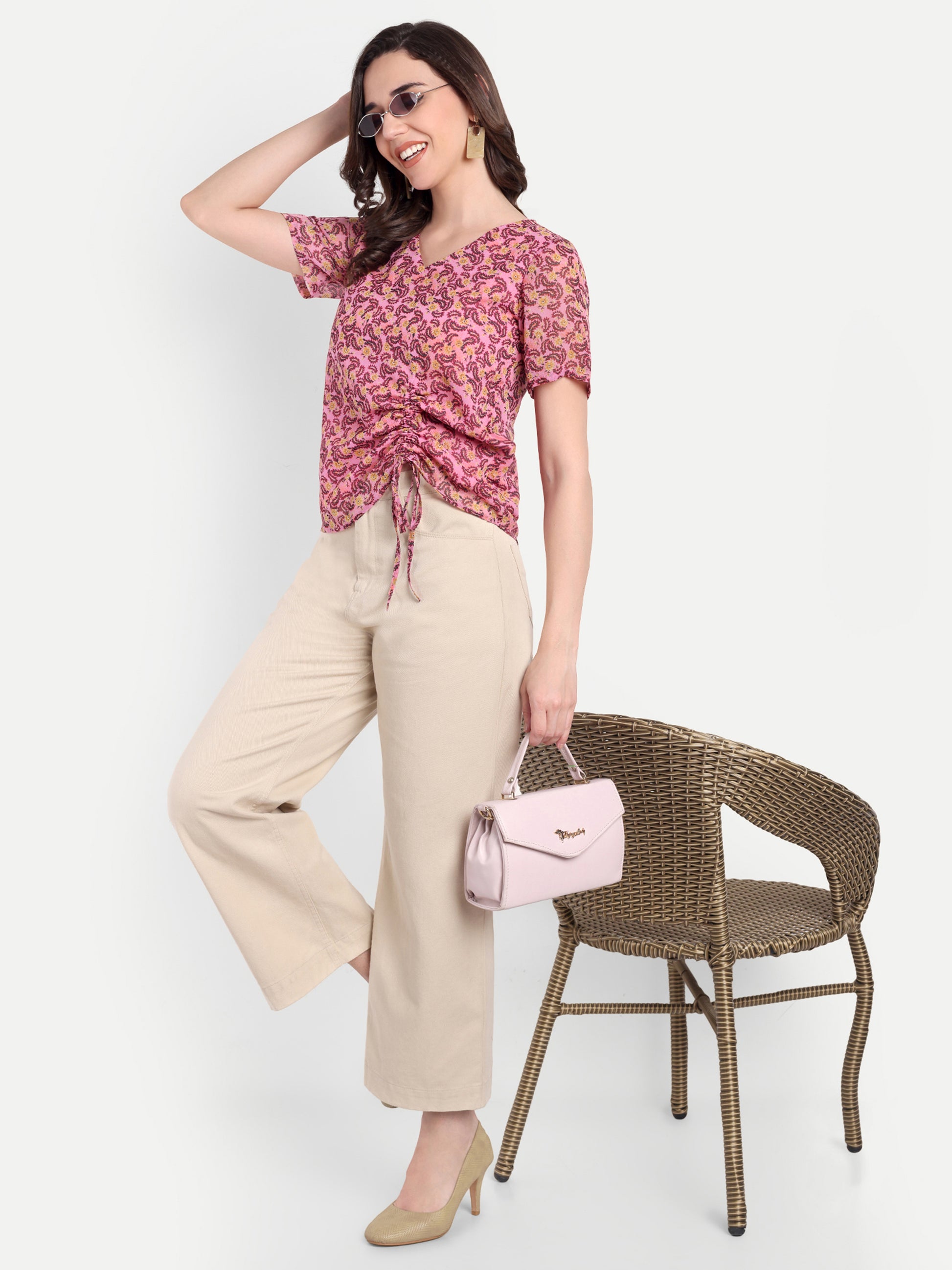 FairLeaf Women's Pink Top with Button-Down | Elegant Summer Tunic for Casual, & Office Wear