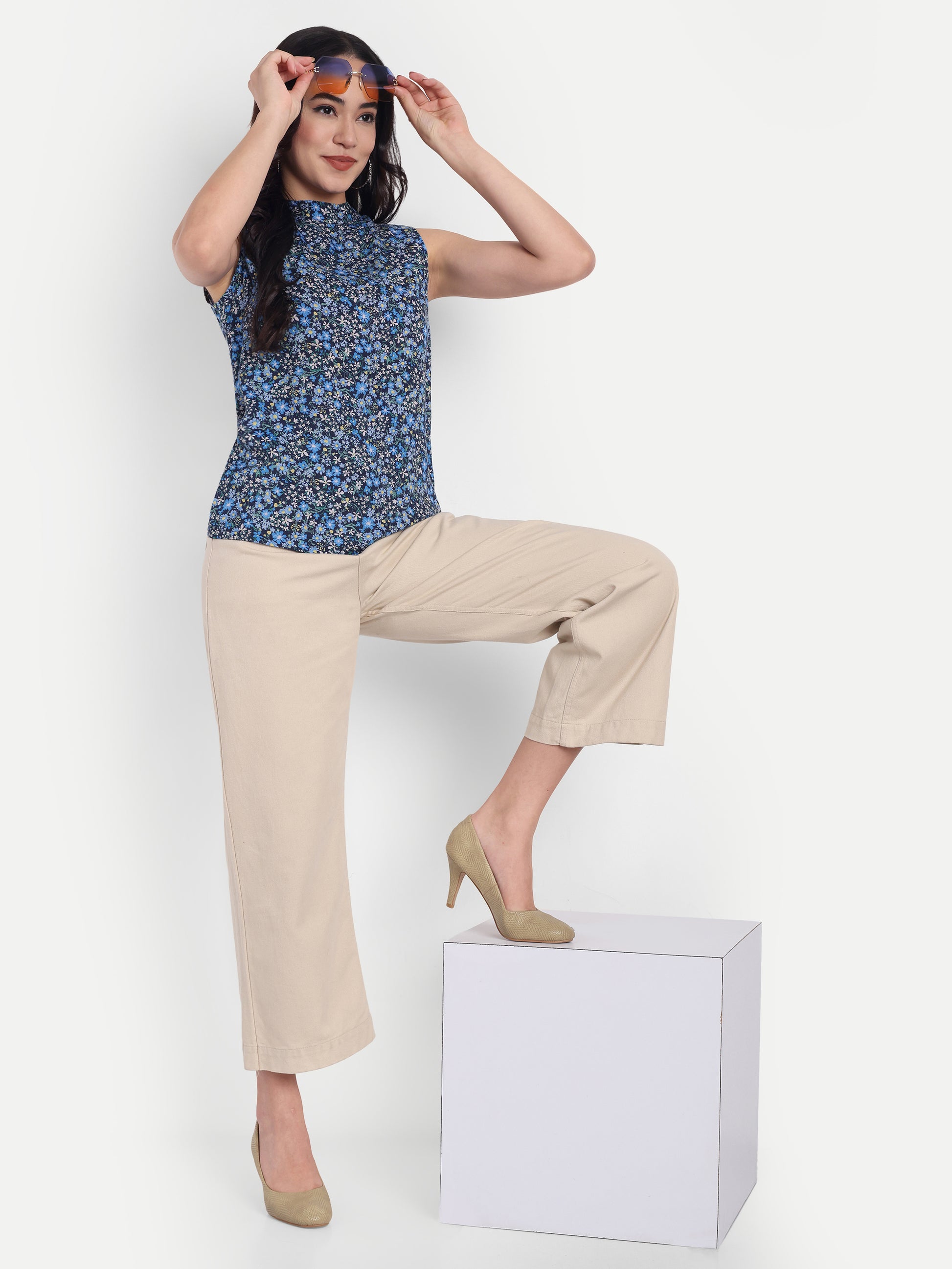 Women's Blue Printed Sleeveless Top | High Neck | Lightweight & Stylish Summer Wear