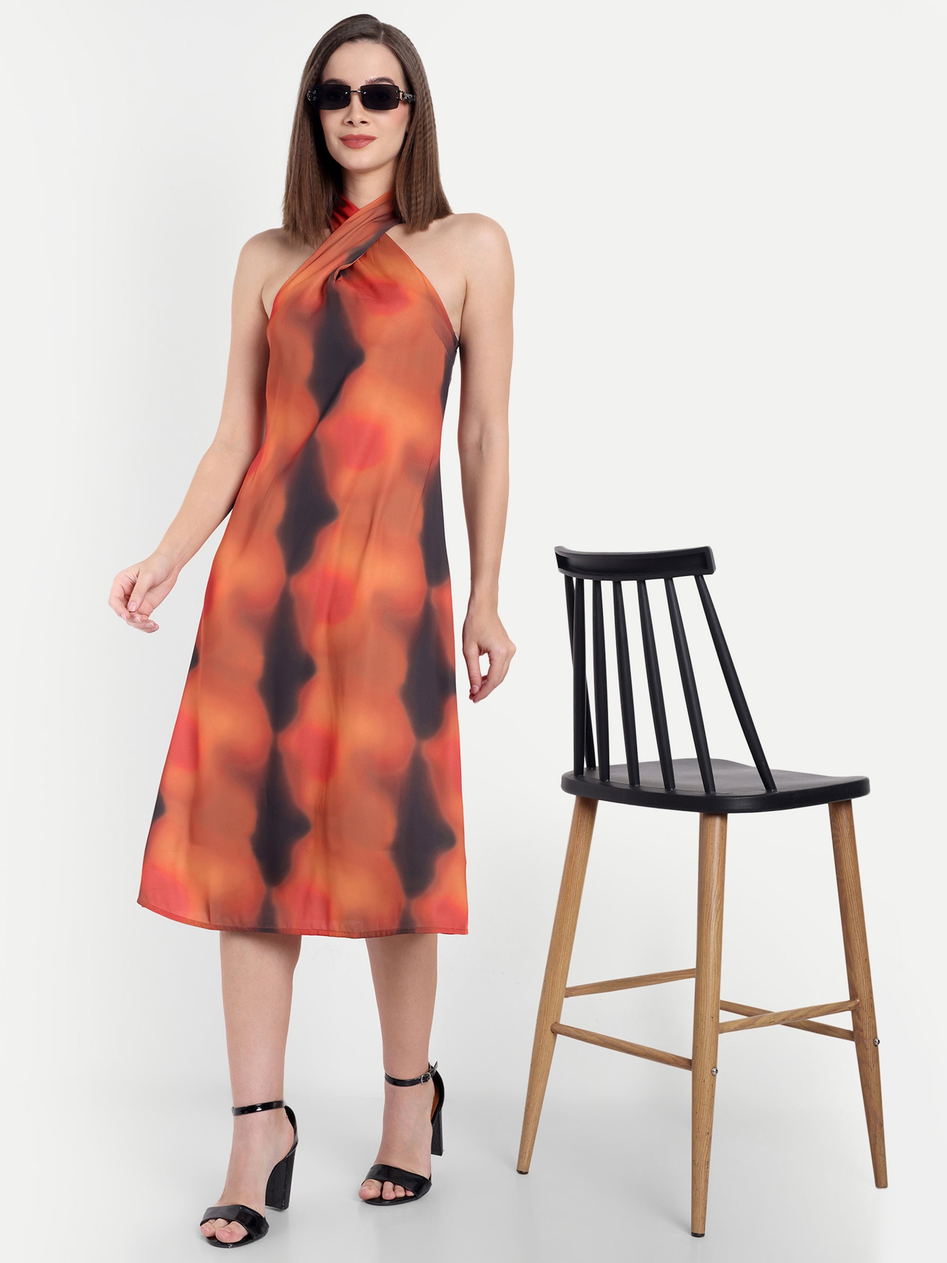 Women's red Black Halter Neck Midi Dress | Sleeveless Summer Dress