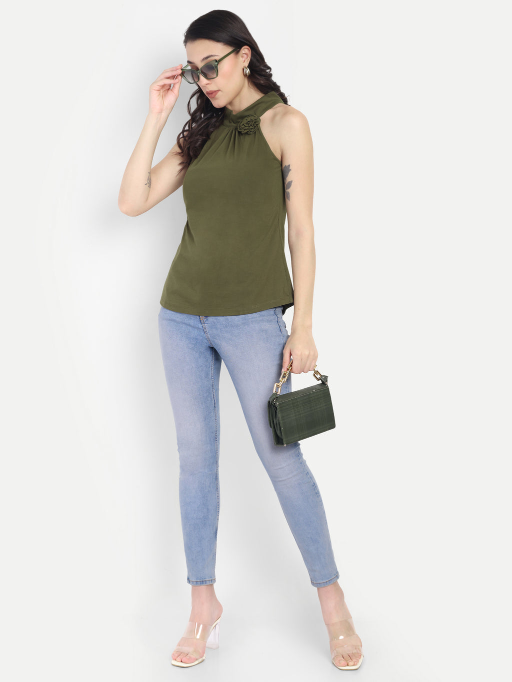 Women's Olive Halter Neck Sleeveless Top | Casual & Party Wear
