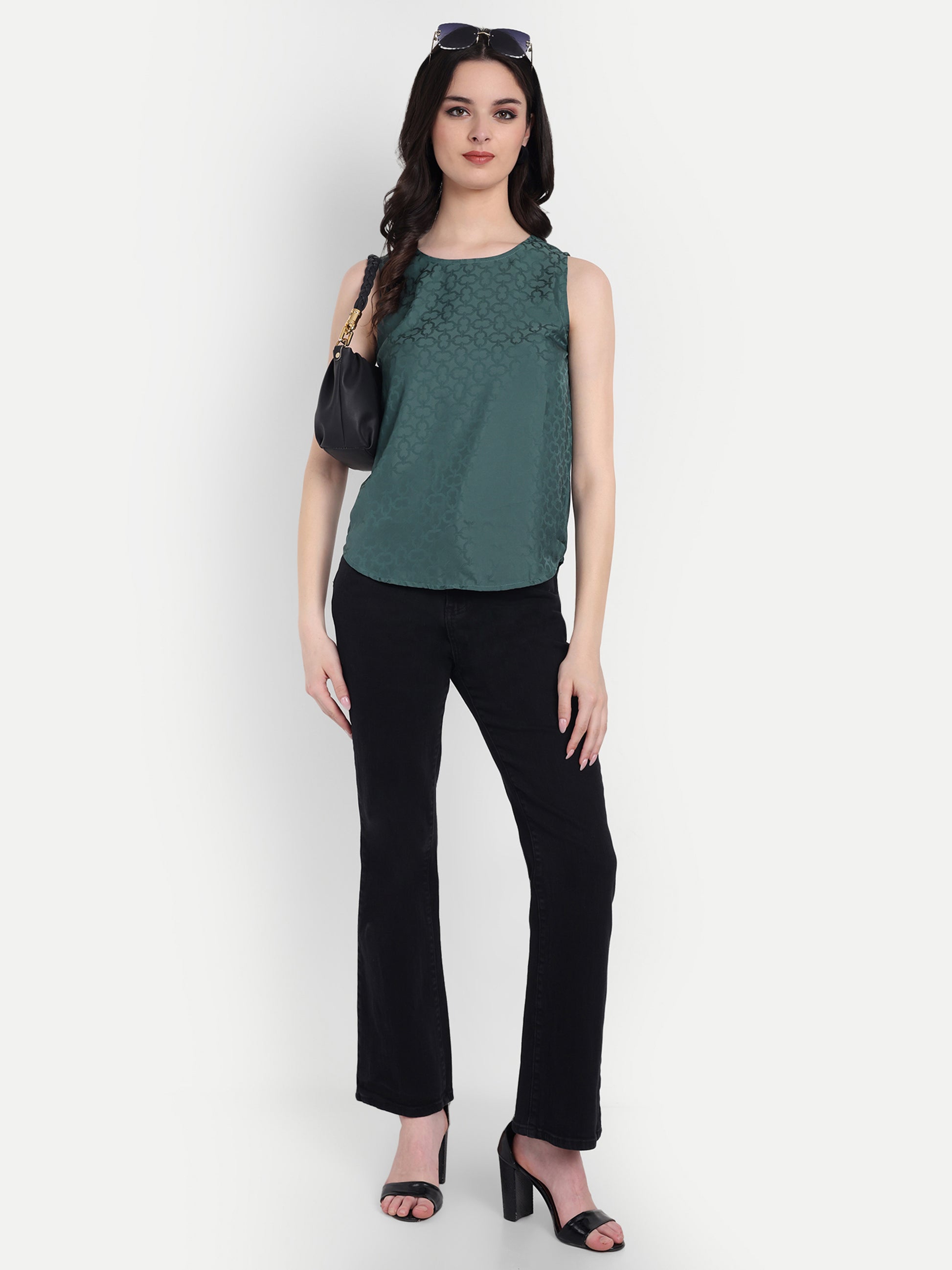 Women's Dark Green Sleeveless Top | Subtle Pattern | Elegant Round Neck for Casual & Office Wear