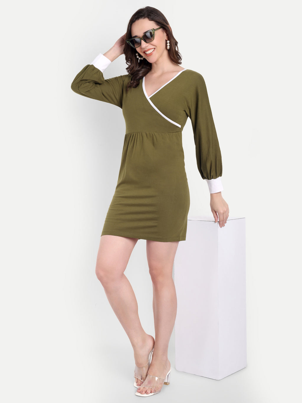 Women's Olive Bodycon Mini Dress | V-Neck | Long Sleeve | Casual & Party Wear