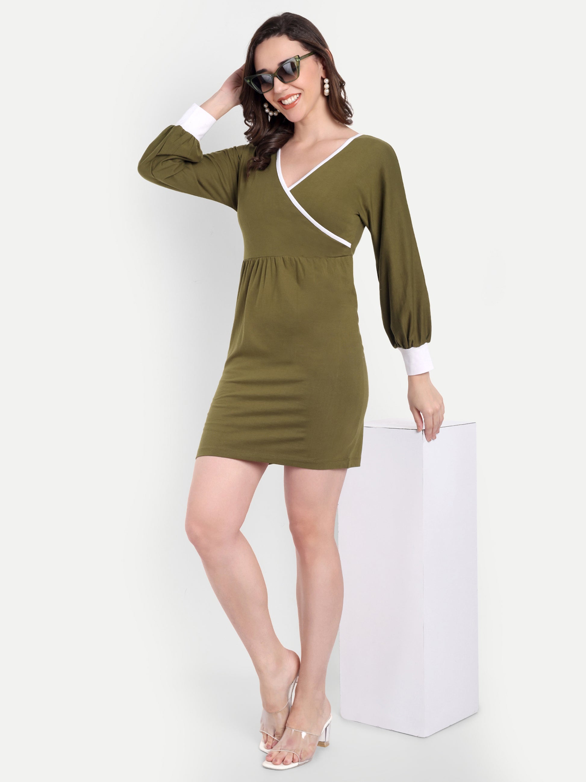 Women's Olive Bodycon Mini Dress | V-Neck | Long Sleeve | Casual & Party Wear