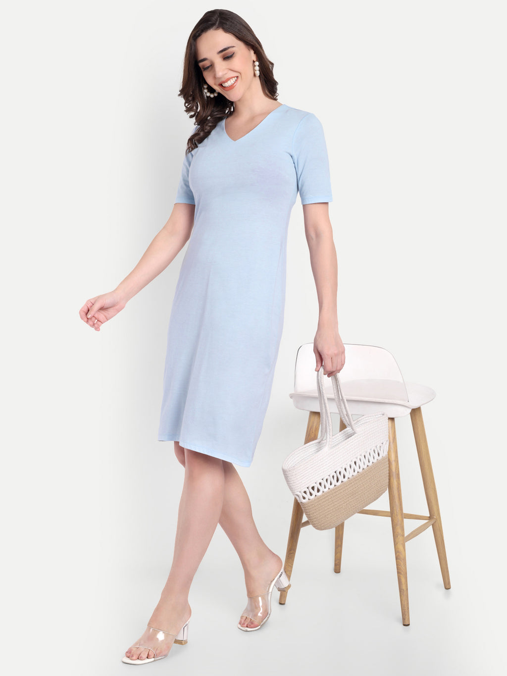 Women's Light Blue Bodycon Midi Dress | V-Neck | Half Sleeve | Casual & Office Wear